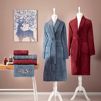 TA  Bambu Aile Seti Desenli Pamuk-Polyester Aile Bornoz Seti, Mavi, 6l  Set
