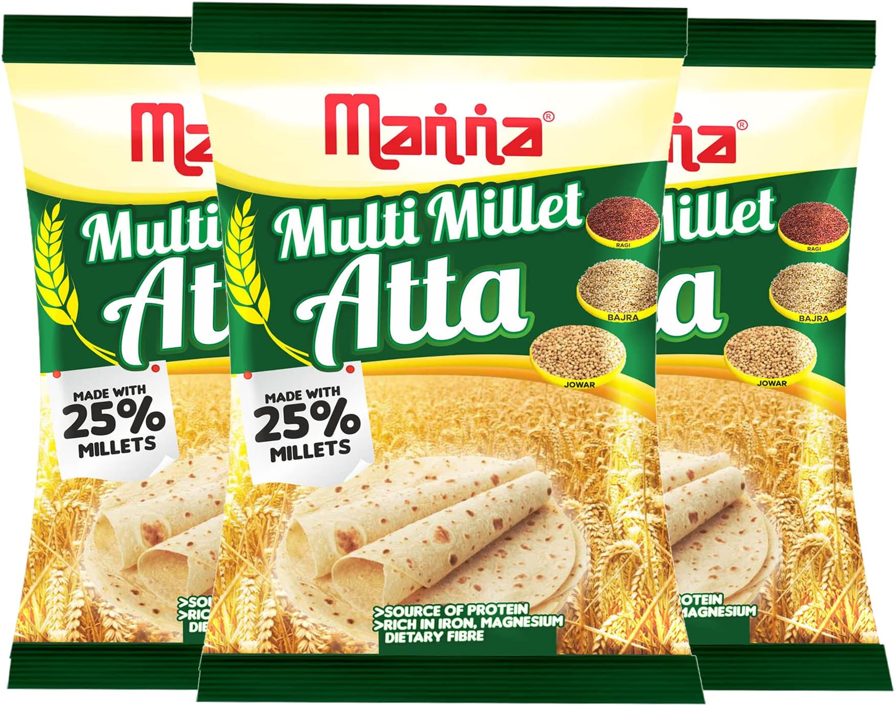 Manna Multi Millet Atta / MultiGrain Atta with 25% Millets, 3kgs (1kg x 3 Packs) Natural Flour.Nutrient Powerhouse