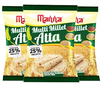 Manna Multi Millet Atta / MultiGrain Atta with 25% Millets, 3kgs 1kg x 3 Packs Natural Flour.Nutrient Powerhouse