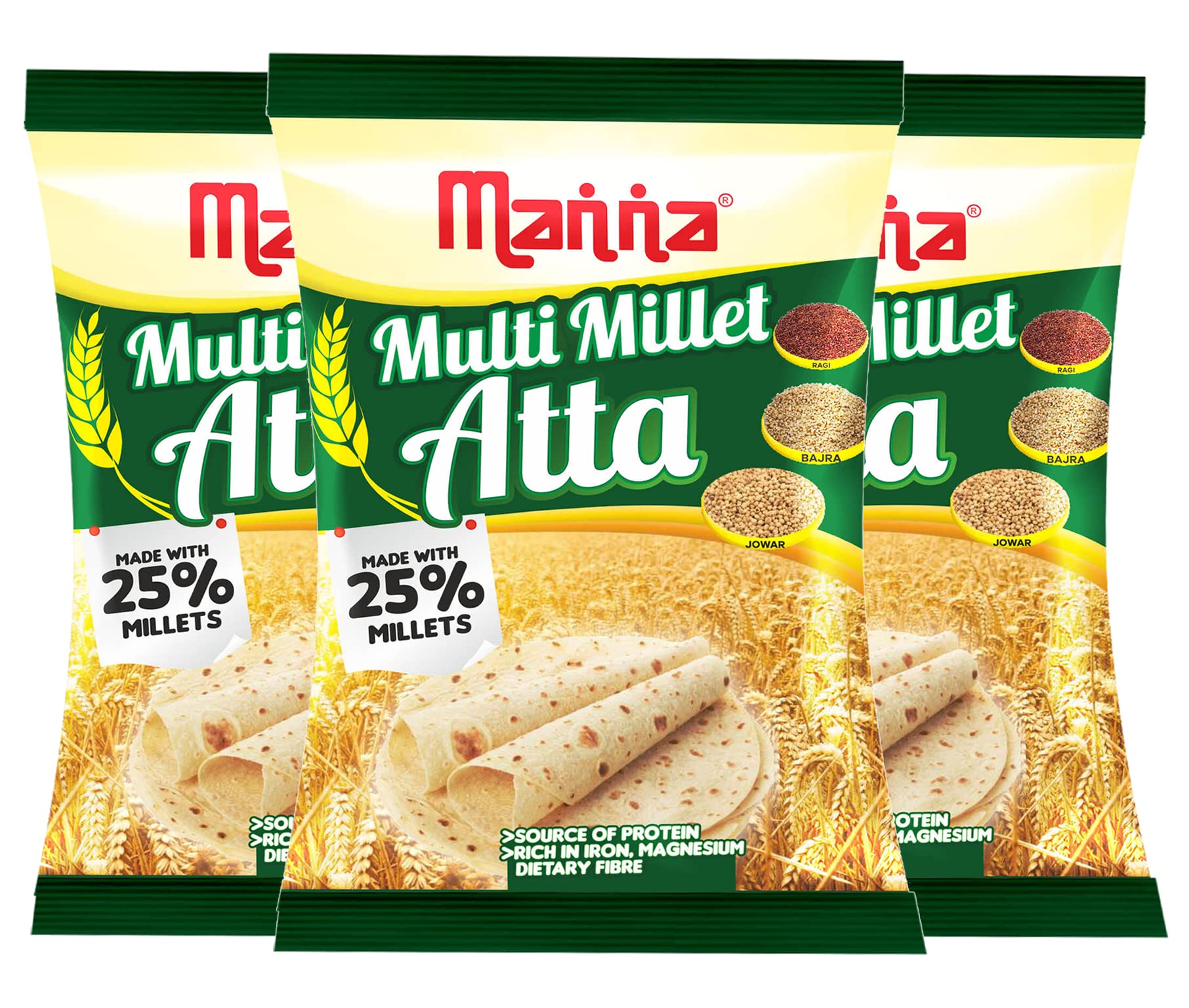 MannaMulti Millet Atta / MultiGrain Atta with 25% Millets, 3kgs (1kg x 3 Packs) Natural Flour.Nutrient Powerhouse