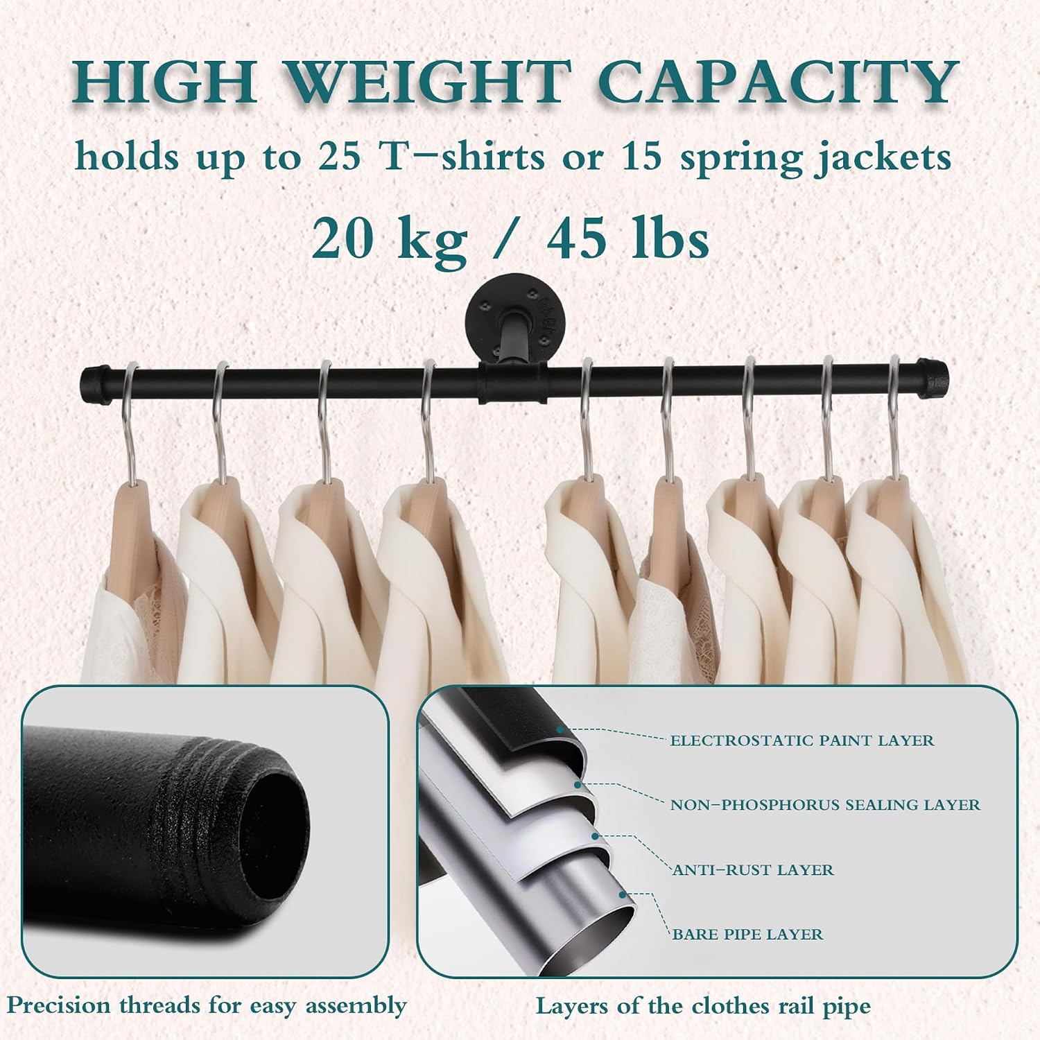 Cast Iron Wall Mounted Clothes Rack, T Shaped Industrial Pipe Clothing Bar for Hanging Clothes, Garment Racks for Closet Organizers, Heavy Duty Hanger Pole Closet Rod 21 Inch (Black, 1 Pack)