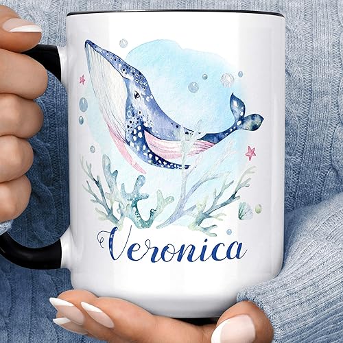 Personalized Whale Nautical Coffee Mug | Custom add Name to Ceramic Cup | Microwave Dishwasher Safe Ocean Animal Gift