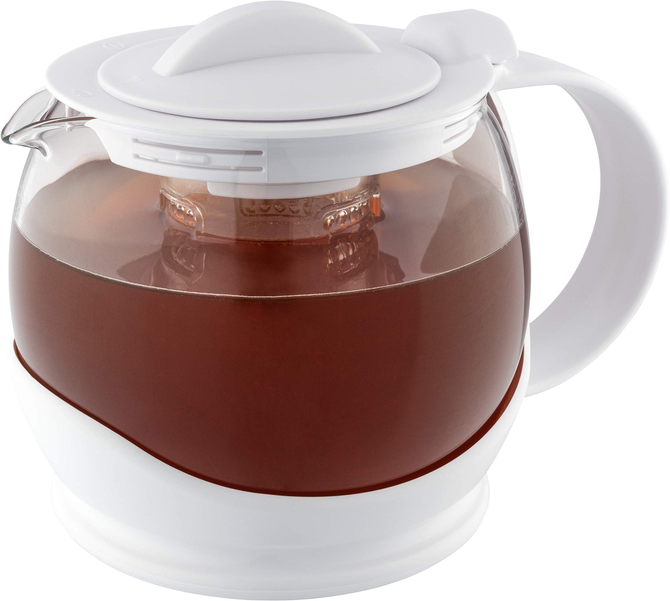 Café Olé Shut Off Teiera, bianca, 1200 ml / 4-6 tazze, corpo in vetro trasparente, rivestimento in plastica, cestello infusore, filtro per foglie di tè sfuse, lavabile in lavastoviglie