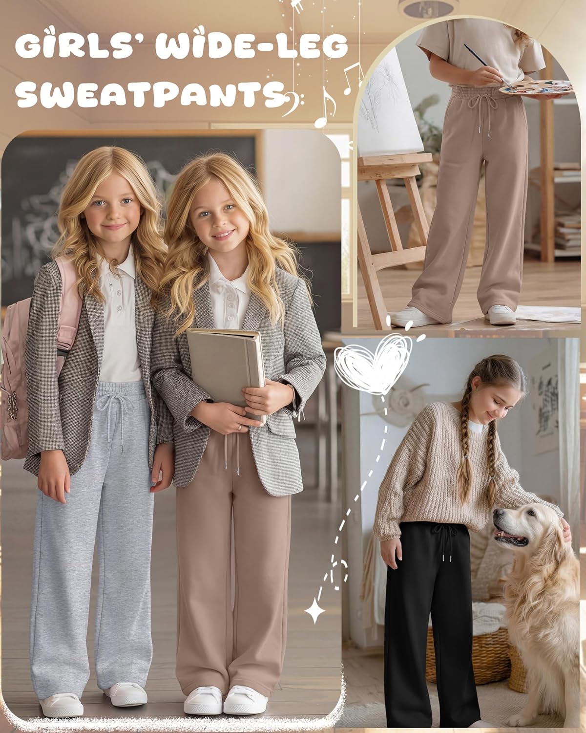 Teen Girls Sweatpants Wide Leg Drawstring Lounge Pants Straight Leg Athletic Trousers with Pockets Size 5-14(Khaki, Light Heather Gray, Black,9-10 Years)