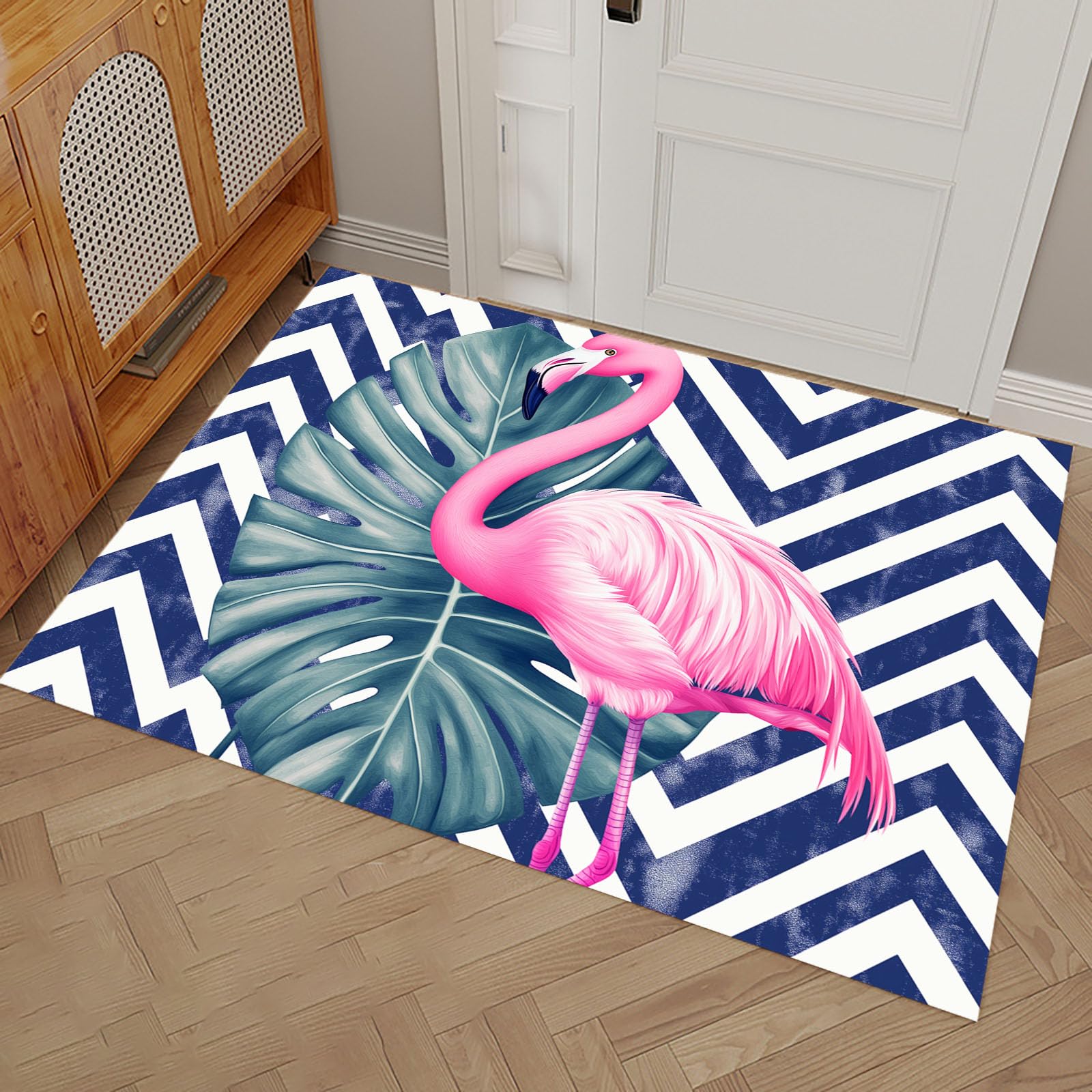 Paillasson géométrique animaux flamant rose 50x80 cm lavable