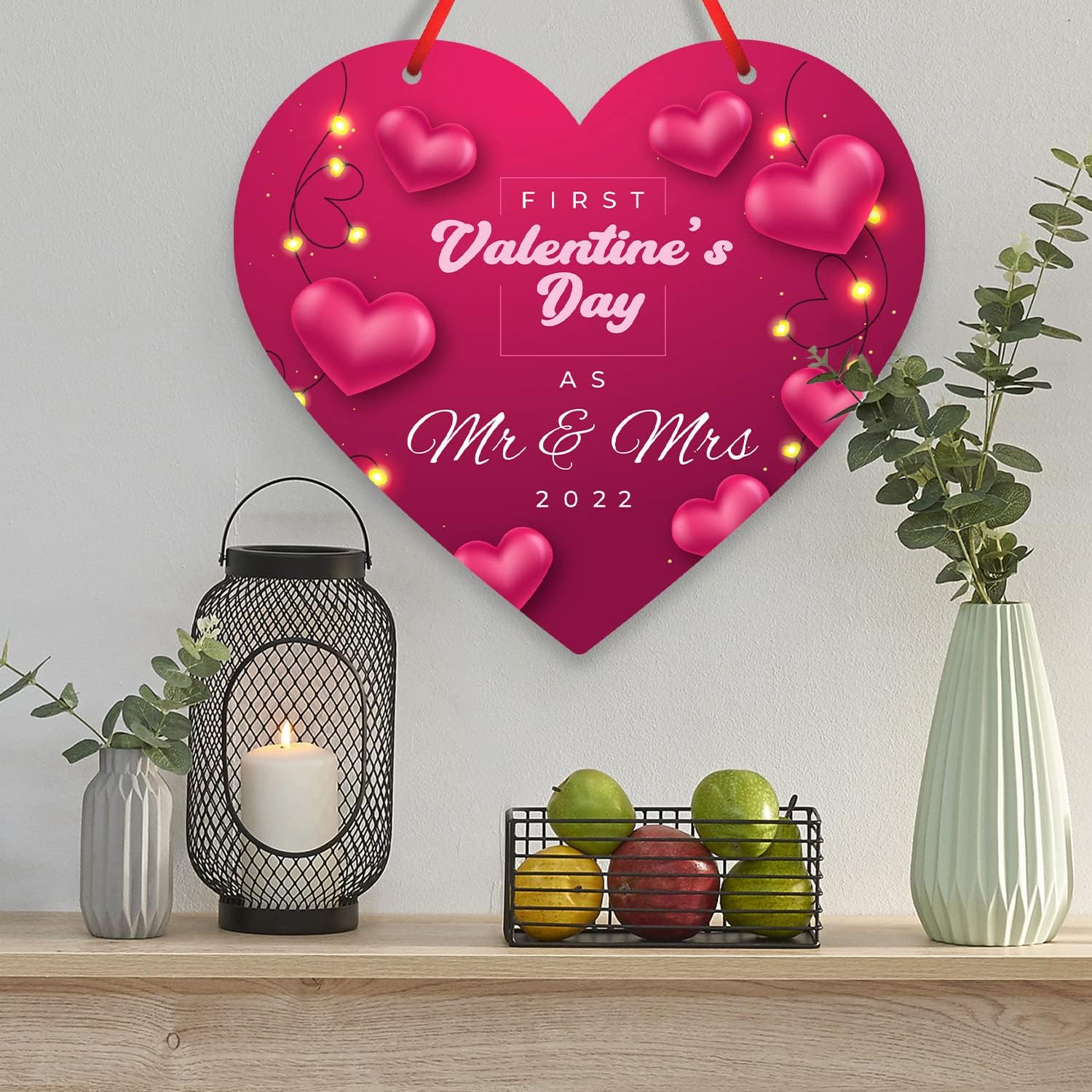Valentines Day Decoration First Valentine's Day As Mr And Mrs 2021 Lights Pink Background, 17 Inch Aluminum Heart Shaped Door Sign With Red Satin Ribbon by Soul Décor