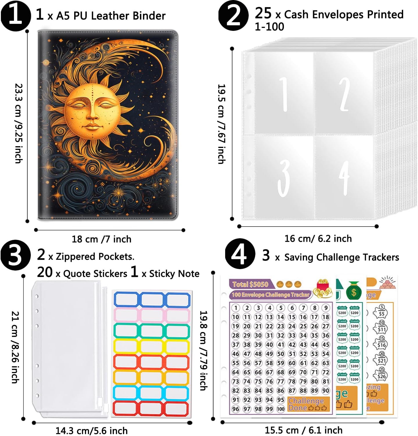 100 Envelopes Money Saving Challenge, A5 Budget Binder with Cash Envelopes & 3 Budgeting Planner Trackers to Save $5,050, 10,000, 500, Money Savings Challenge Book for Organizer, Golden Sun Moon