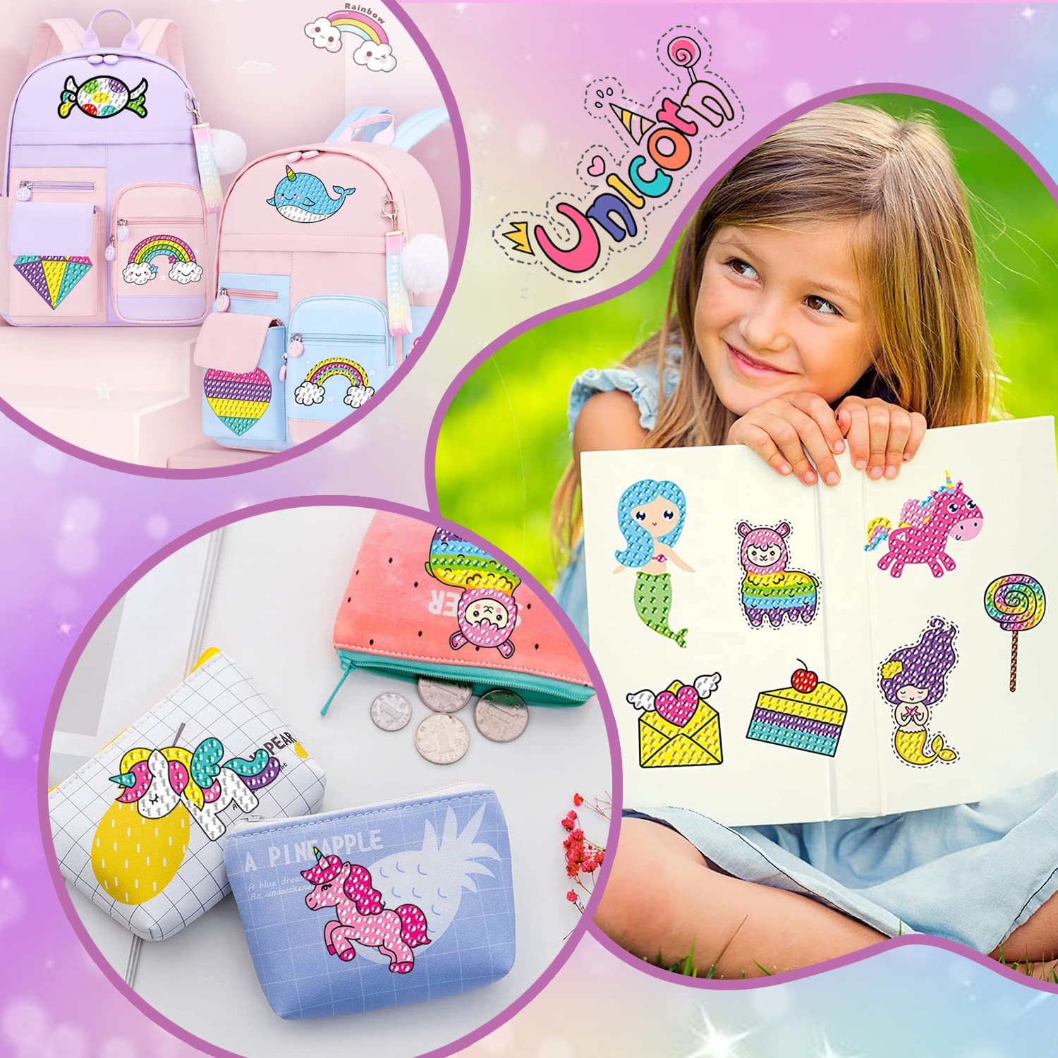 Diamentowe Naklejki do Malowania, CAYUDEN 20 szt. Jednorożec Diamond Painting Stickers Dzieci 5D DIY Diamentowe Naklejki Dzieci Dziewczyny Syrenka Zestaw do Malowania Diamentami Króliczki dla Dzieci
