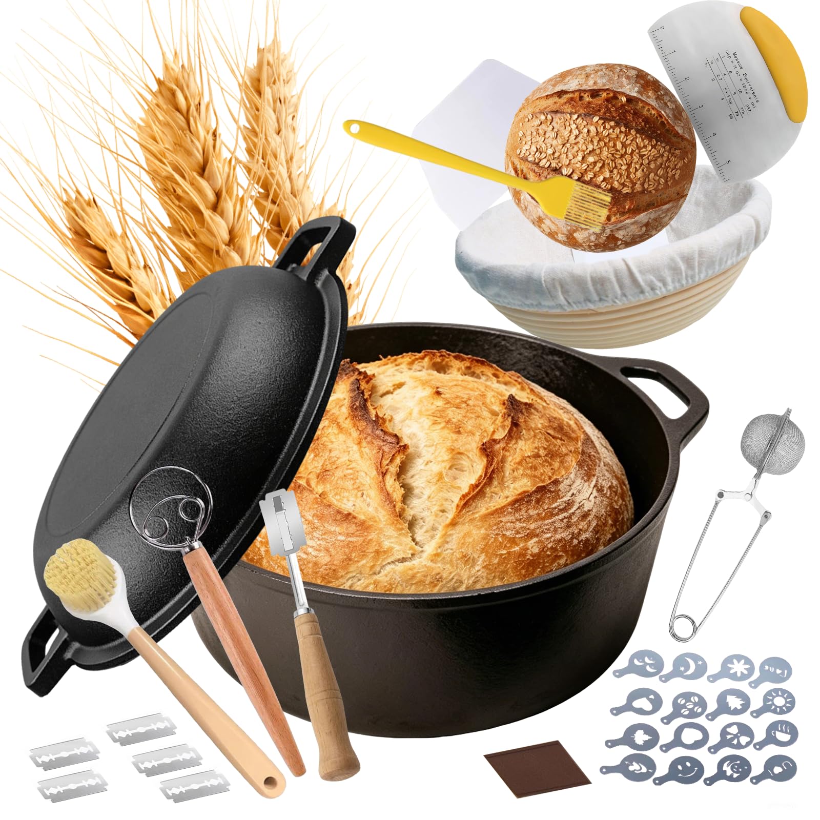 Cacerola de hierro fundido para hornear pan 26 cm, cesta de fermentación