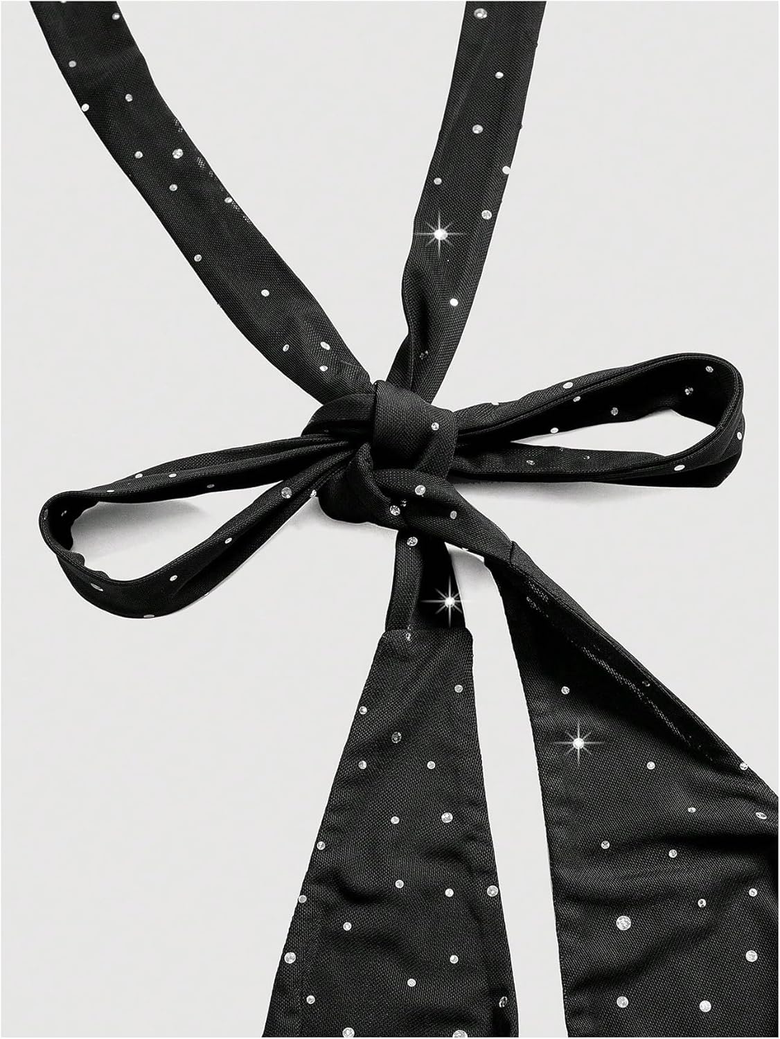 WDIRARA Women's Rhinestone Crop Halter Top Ruched Sleeveless Tie Backless Mesh Top - Image 3