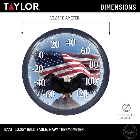 Taylor Bald Eagle Indoor Outdoor Dial Thermometer, Easy to Read Wall Decor for Patio, Pool, Yard, Garden or Garage, 12x14-inch, Charcoal Bezel