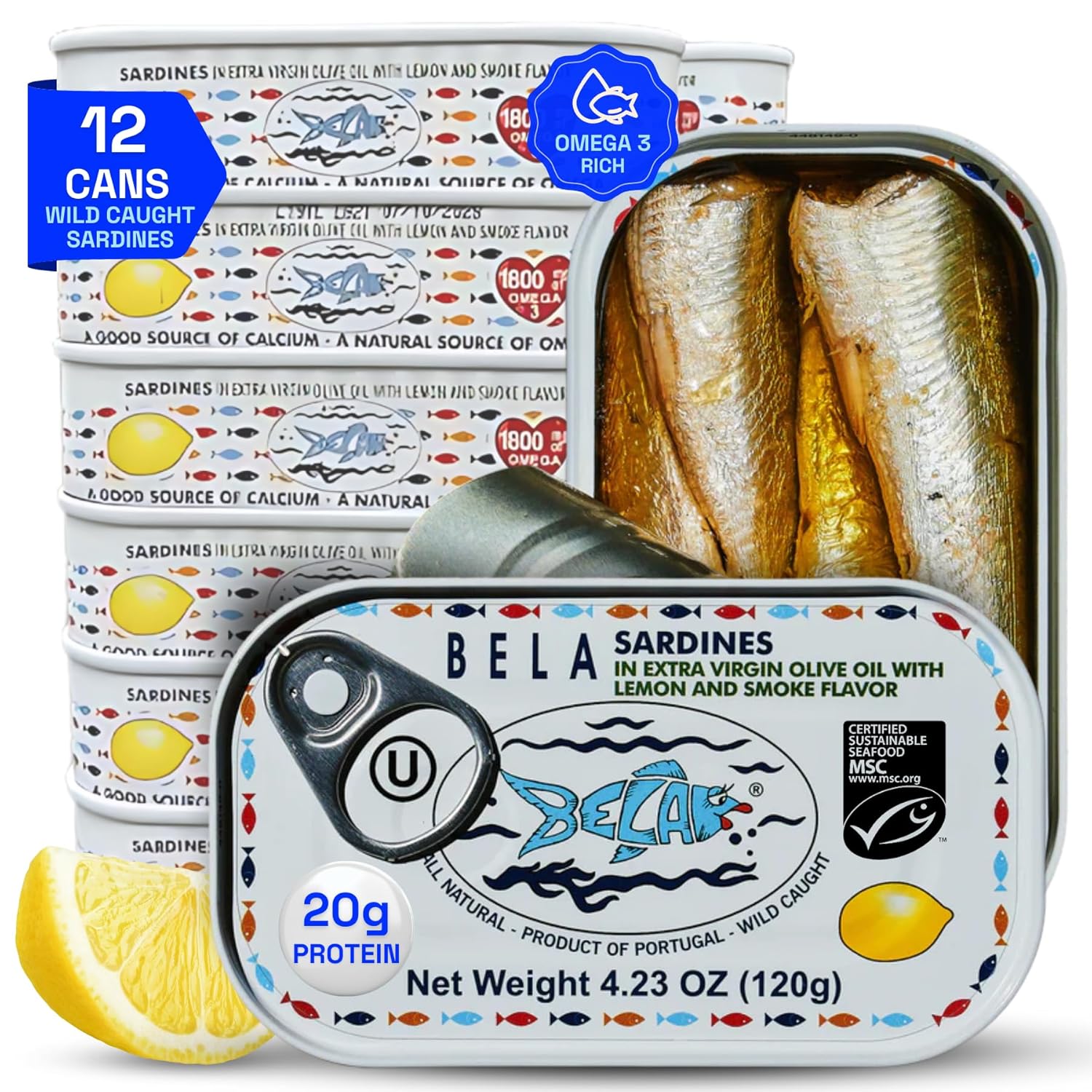 BELA Wild Caught Portuguese Sardines - Lightly Smoked and Marinated in Organic Lemon Flavored Extra Virgin Olive Oil | 4.25 Oz (Pack of 12) | All Natural, High Protein, Hand Selected, Sea Salted, & Omega 3 Rich