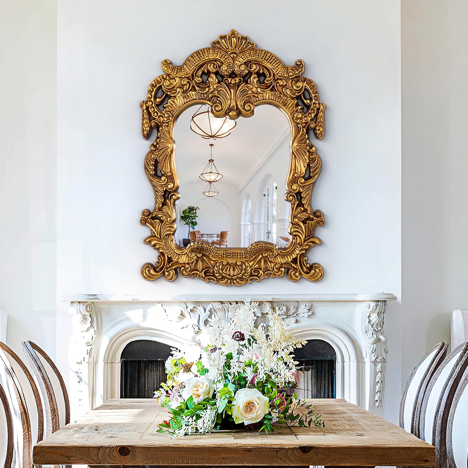 Chende Baroque Arched Mirror for Decor, 25" x 32" Ornate Gold Bathroom Mirror with 3D PU Carved Frame, Luxury Gold Wall Decor for Living Room, Dining Room, Entryway, Home Office, Unique, Vertical 32"L x 25"W