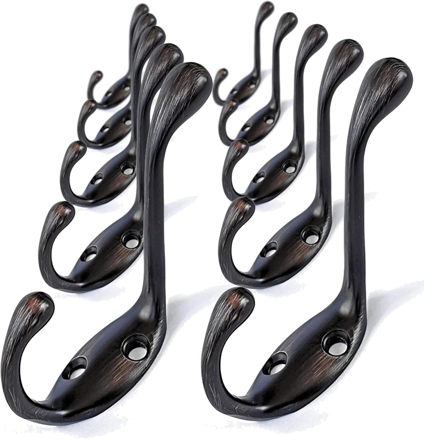 Ambipolar Heavy Duty Metal Decorative Dual Coat Hook Type-2 / Hat Hook - Wall Mounted (0.7" Screws Included), Wall Hook, Double Coat Hanger, 10 Pack (Oil Rubbed Bronze).