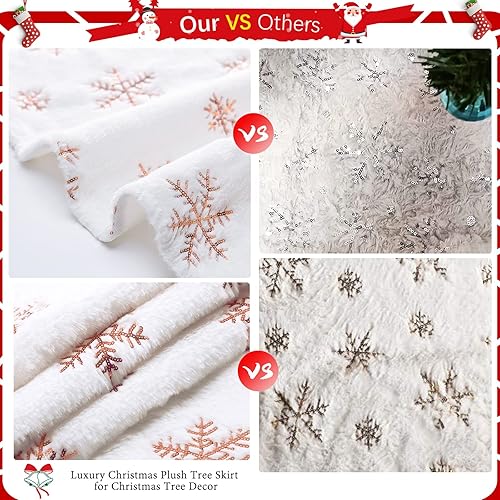 Miniatura 7 de Falda de felpa para árbol de Navidad, falda blanca de piel sintética con copos de nieve de lentejuelas de oro rosa para árbol de fiesta de Navidad