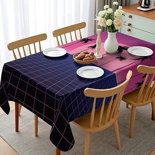 Miniatura 2 de Ambesonne Synthwave - Mantel de rejilla retro con siluetas de palma y diseño de vibraciones de vapor de los años 80, mantel rectangular para