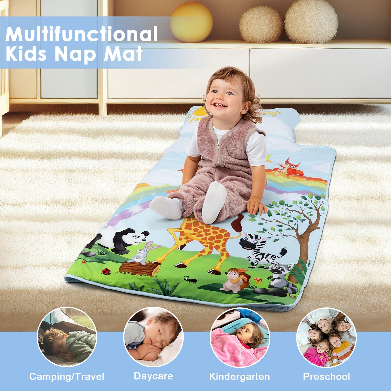 Saco de Dormir para Niños con Almohada y Manta Extra Gruesa Grande 2 en 1, Alfombrilla de Siesta para Niñas y Niños, Bolsa de Dormir Bebés para Preescolar Viajes Camping, Arco Iris Animal