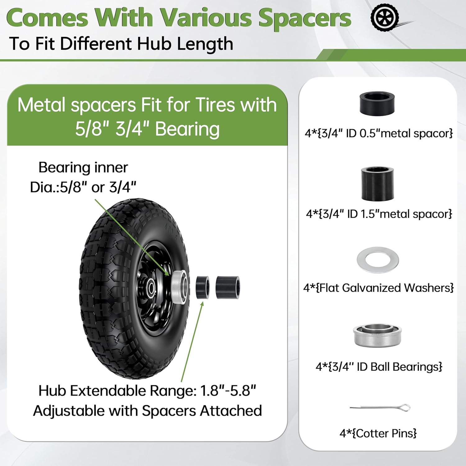 2 PCS 13" Flat Free Tire and Wheel,4.00-6 Wheelbarrow Wheels with 5/8" or 3/4" Bearings, 1.8"-5.8"Centered Hub 13"Solid Tires Replacement for Wheelbarrow, Gorilla Cart, Hand Trucks, Garden Carts