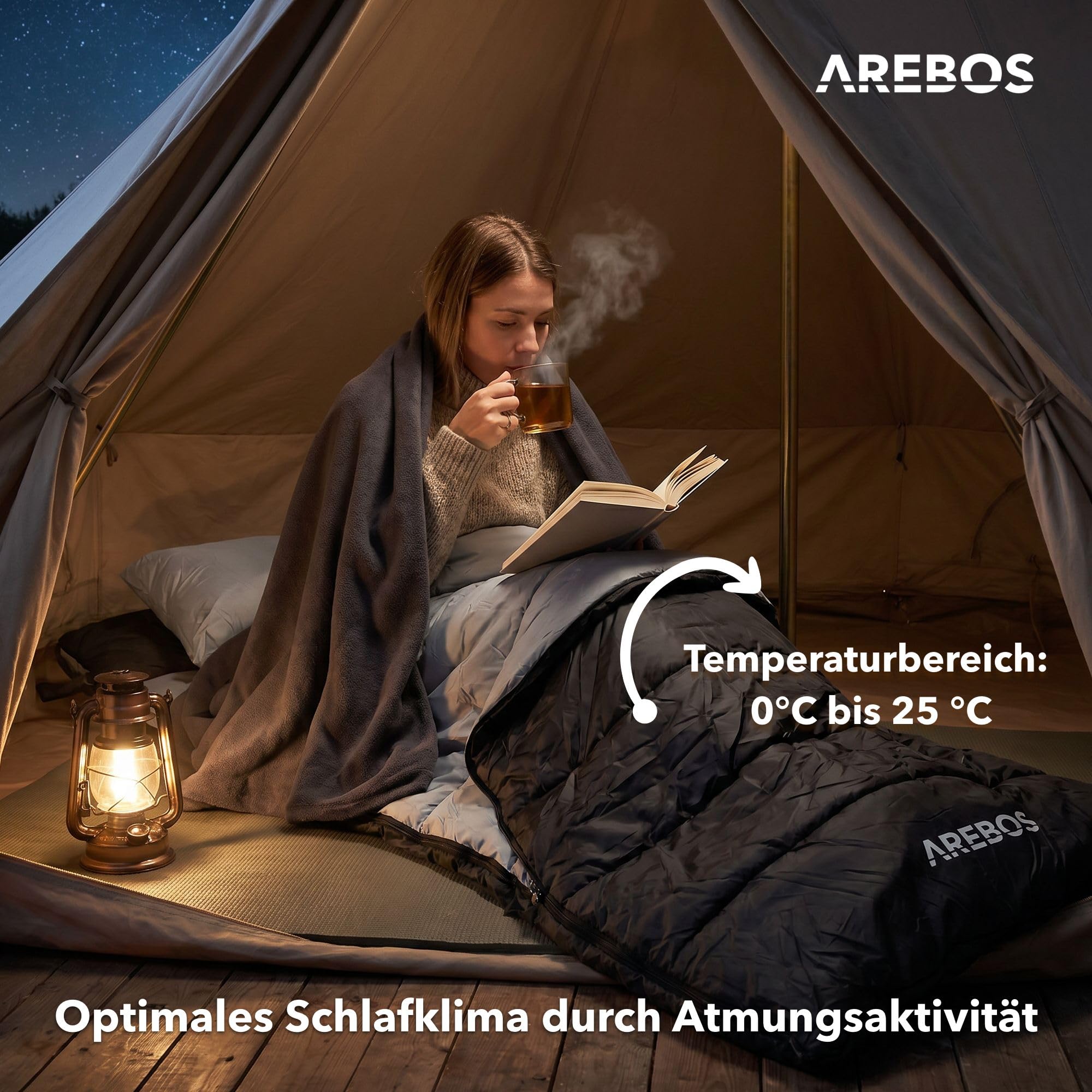 Arebos Schlafsack mit Kissen & Fleecedecke | Deckenschlafsack Erwachsene 220x83 cm | Camping Schlafsack | 0-25°C | wasserabweisend | inkl. Kompressionssack