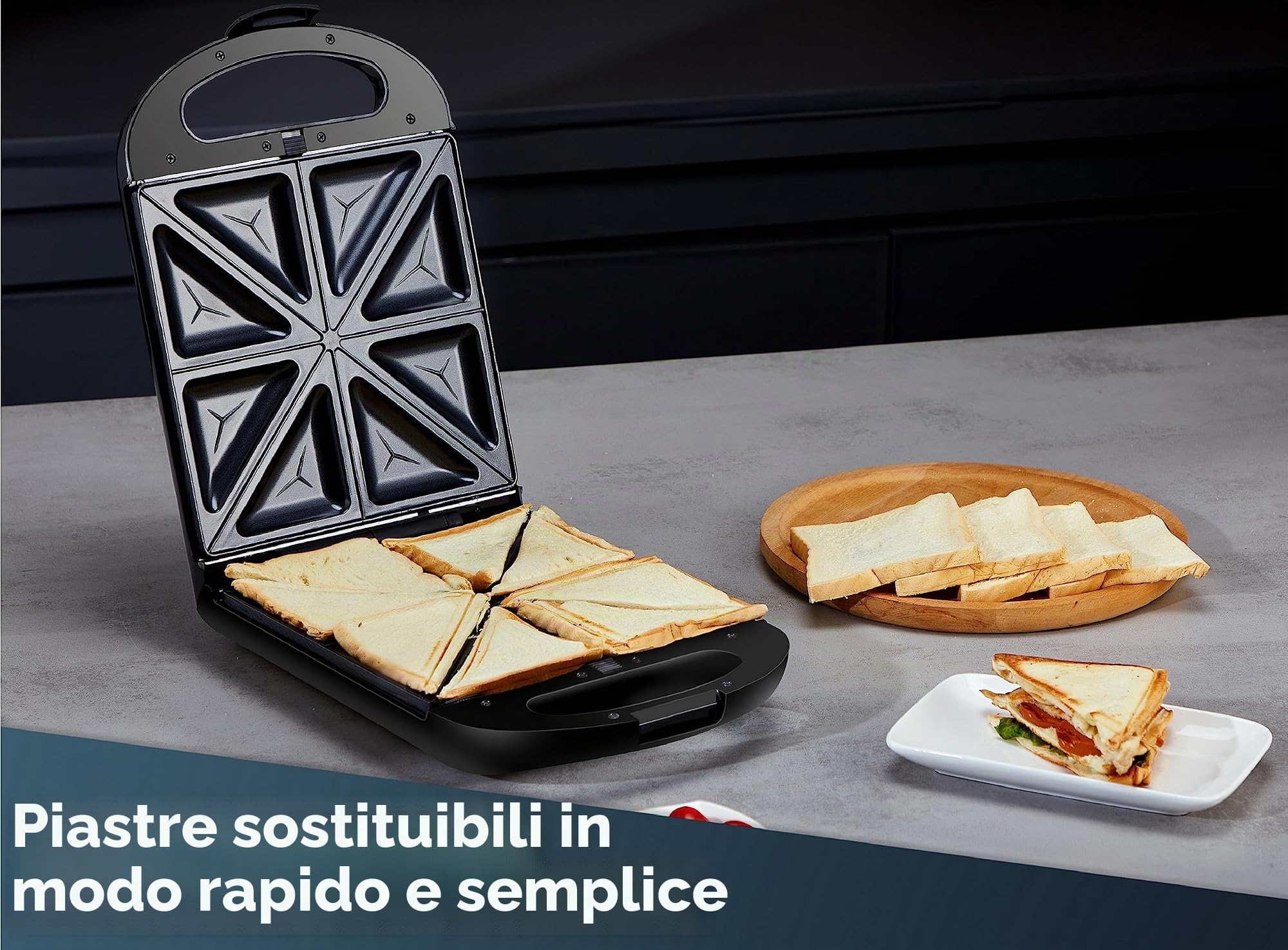 Steinborg Sandwich maker 3 in 1 XXL, 3 piastre intercambiabili, 1200 Watt, griglia a contatto, 4 sandwich maker | Multigrill | Waffle Eisenl | Griglia elettrica | Piastra per waffle, Siler/Nero