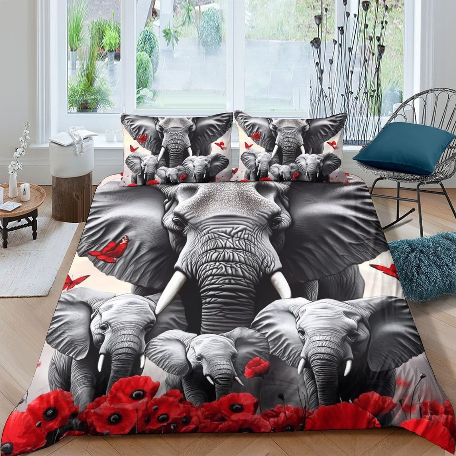 Ctjqhvkz Style-4 3D Printed Elephant Herd Fitted Sheet Microfiber Black Grey Red Poppy Mattress Cover For Bedroom Dorm Decor Single（135X200cm）