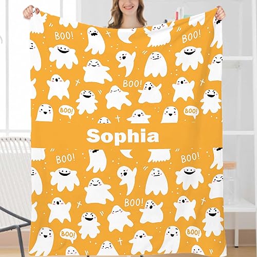 Manta personalizada con nombre de fantasma amarillo Hallloween Boo, regalos para amantes de los fantasmas, manta personalizada de Halloween con