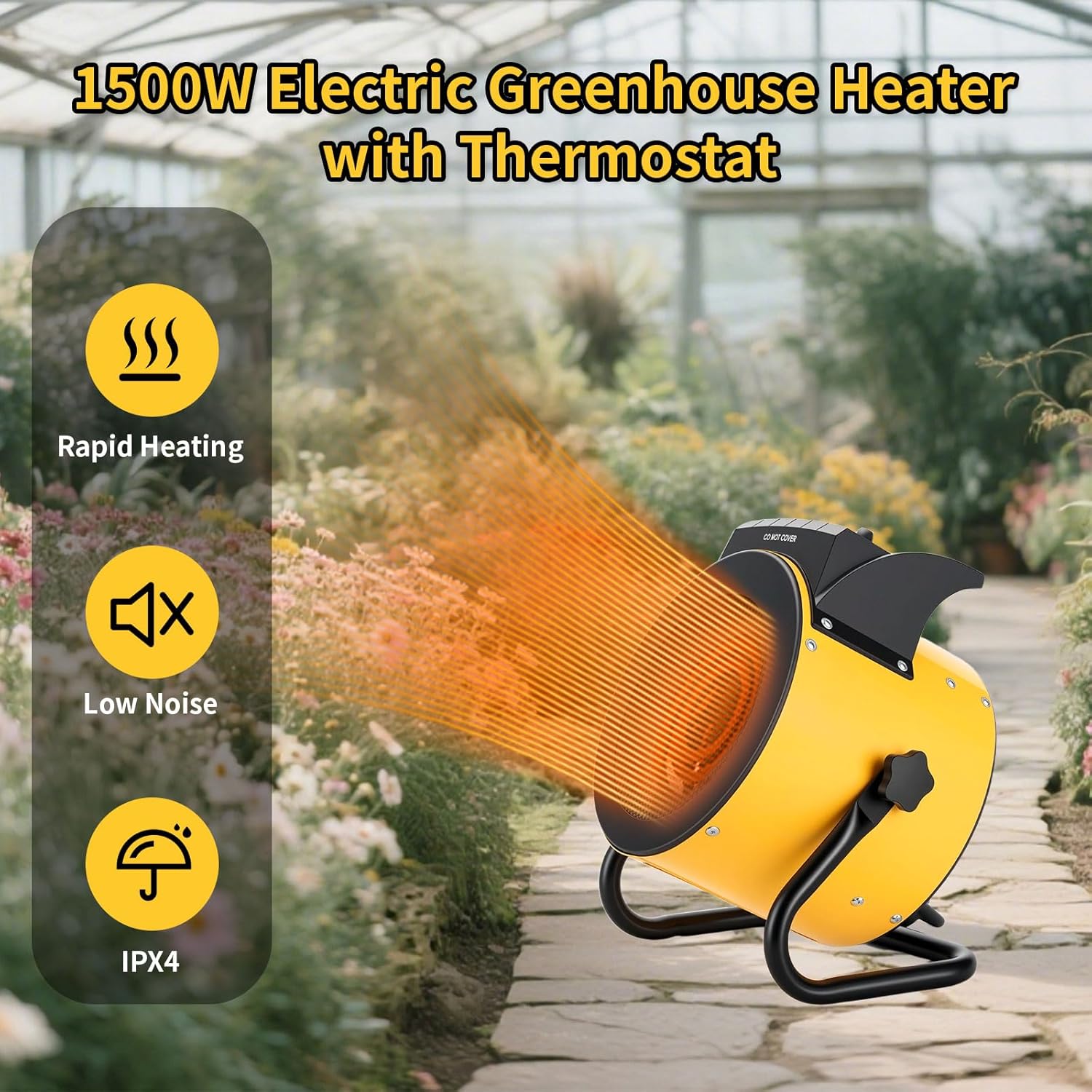 Greenhouse Heater with Digital Thermostat, 1500W/750W Electric Grow Tent Heater, IPX4 Waterproof, Overheat Protection, Fast Heating for Patio, Flower Room, Green House, Ourdoor, Yellow