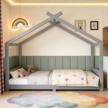Bellemave Twin Montessori Floor Bed, House Bed Frame for Kids with Playful Roof, Solid Wood Low Profile Beds, Safe Childrens Bedroom Furniture for Boys & Girls, No Box Spring Needed, Grey