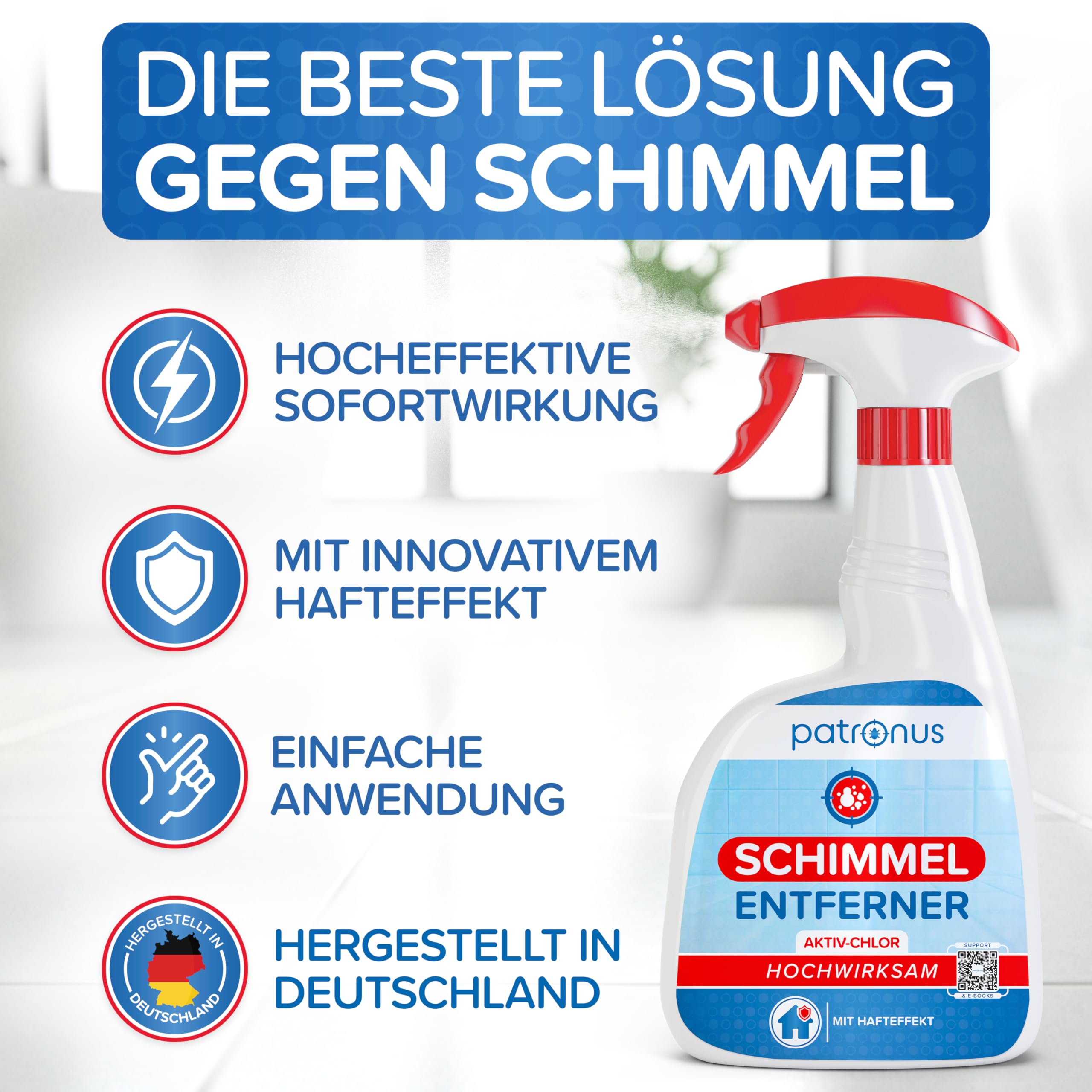 Patronus Profi Schimmelentferner mit Hafteffekt & Sofortwirkung [3x 500 ml] | für Wand, Bad, Fliesen, Fugen & mehr - Effektives Anti Schimmel Spray mit Aktivchlor zum Schimmel entfernen & Fugenreiniger
