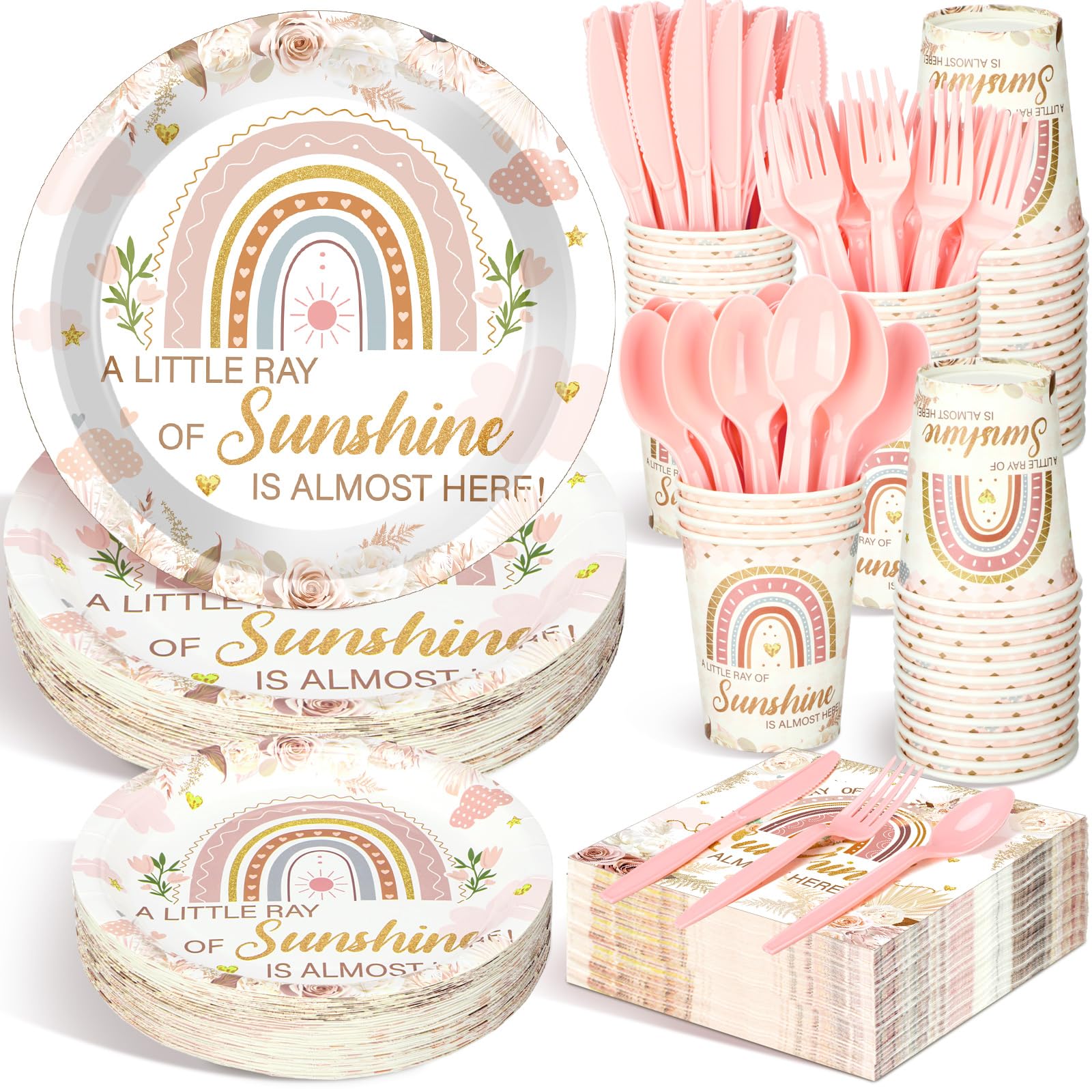 350 Pcs Baby Shower Plates Set Baby Shower Party Supplies Serves 50 Tableware Sets Include Plates Napkin Cup Forks Knives Spoons Disposable Dinnerware for Boy Girl (Boho)
