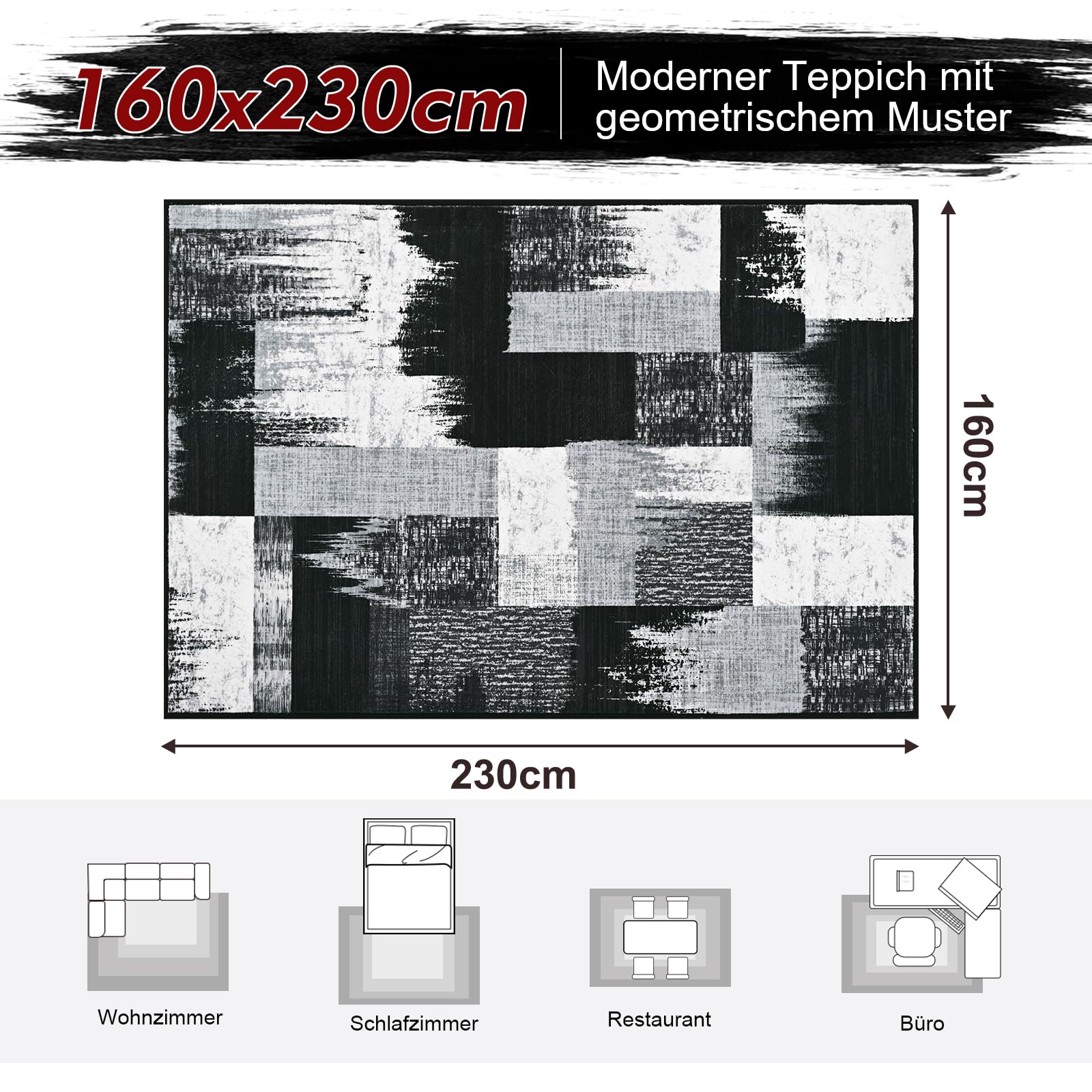 Alishomtll Tapis moderne géométrique noir gris 160 x 230 cm | Tapis de cuisine antidérapant à poils courts - Doux et lavable - Pour salon, chambre à coucher, bureau, entrée