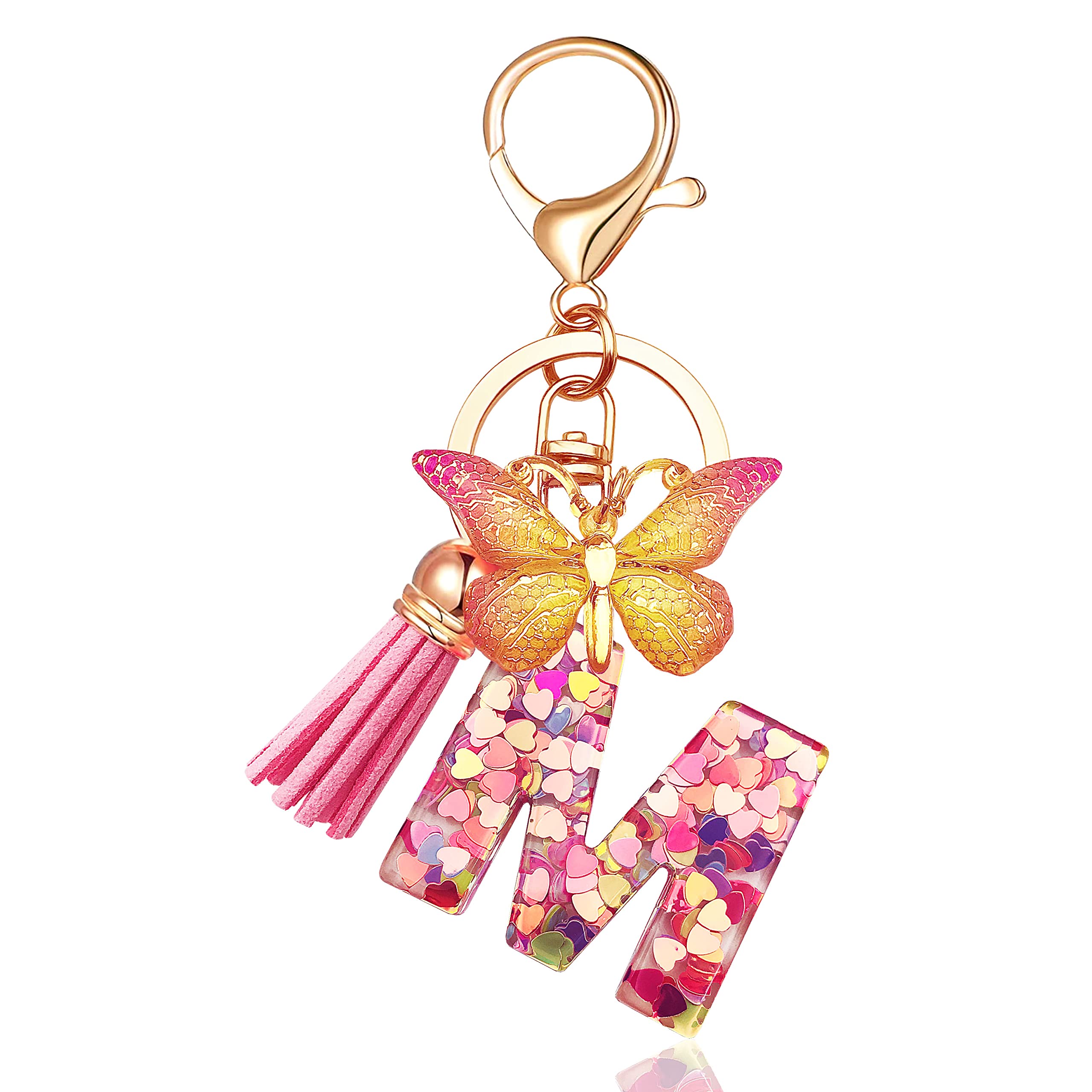 Initial letter Keychains for Women Tassel Butterfly Pink Purple Cute Car Keychain for Wallet Backpack bag charm