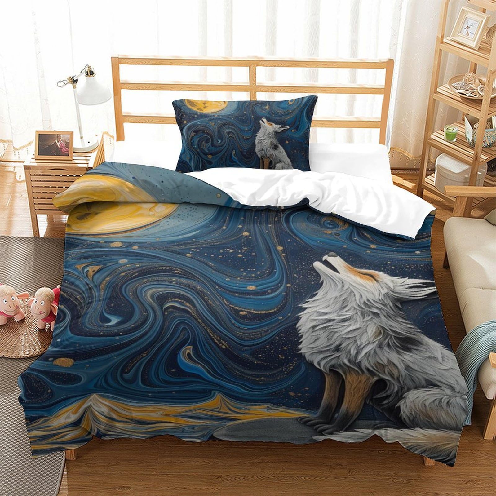 Housse de couette loup 3D pour lit simple dans une chambre d'enfant