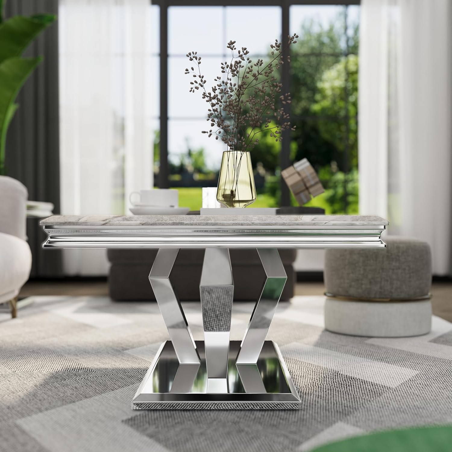 ACEDÉCOR Coffee Table, Silver Coffee Table with Four Geometric Mirror Bases, Rectangular CoffeeTable with Sturdy Metal Frame,48 inches Modern Coffee Table for Living Room, Office, Reception Room