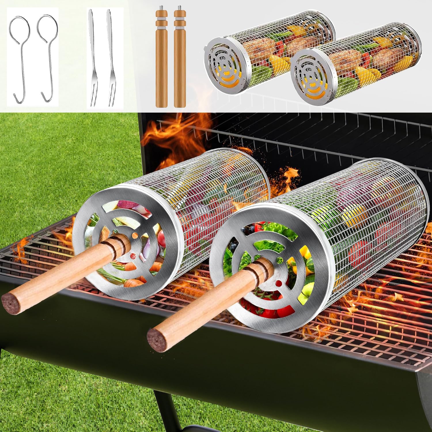 Produktbild von DYBOHF Rolling Grillkorb, Zylindrischer Edelstahl Grillkorb Mit Ständer, Für Außengrill Gemüse