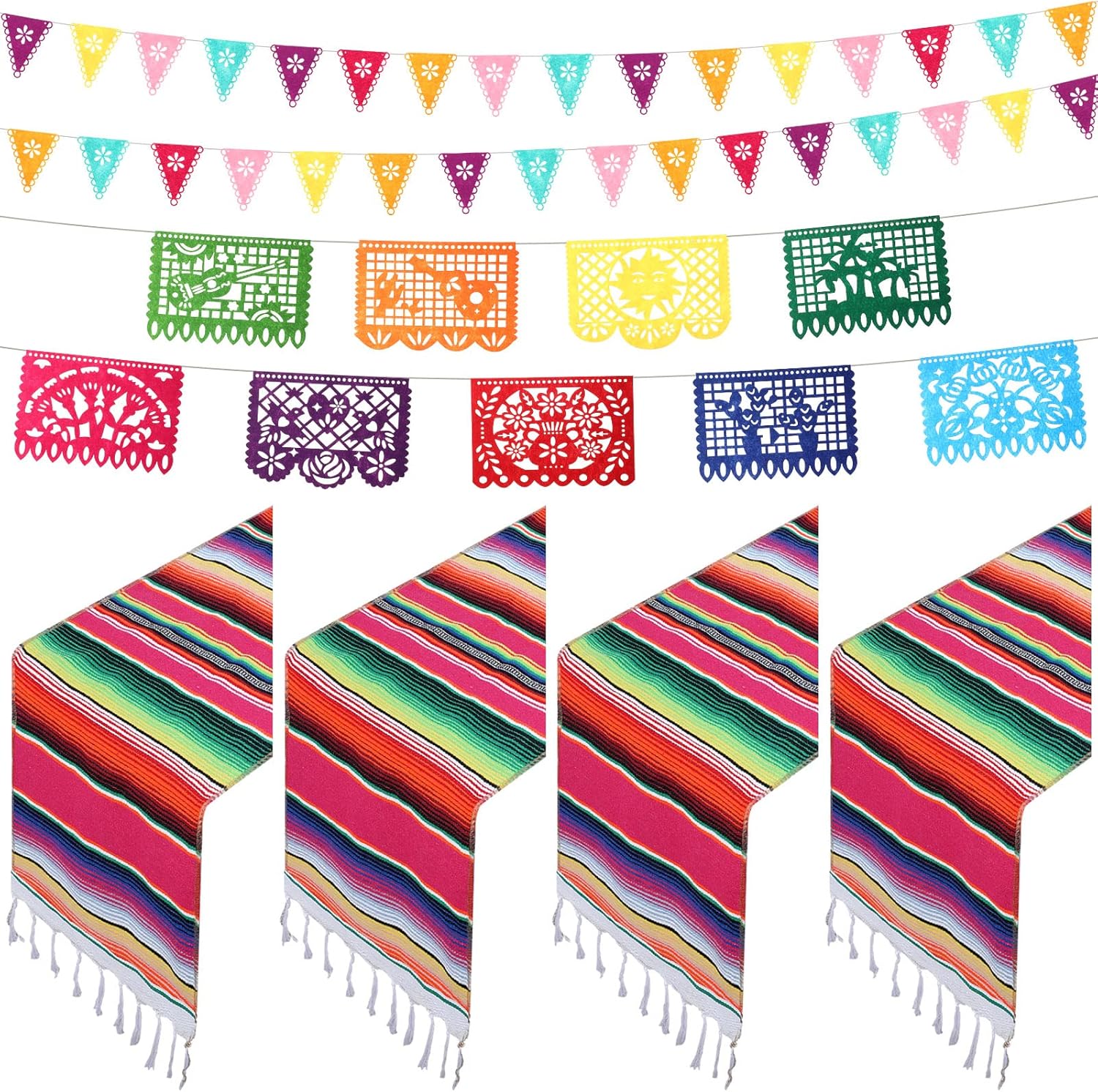 7 Pcs Mexican Table Runner 14 x 110'' Serape Table Covers Papel Picado Banner Fiesta Hanging Pennant Flag Banner for Party Decor(Rose Red)