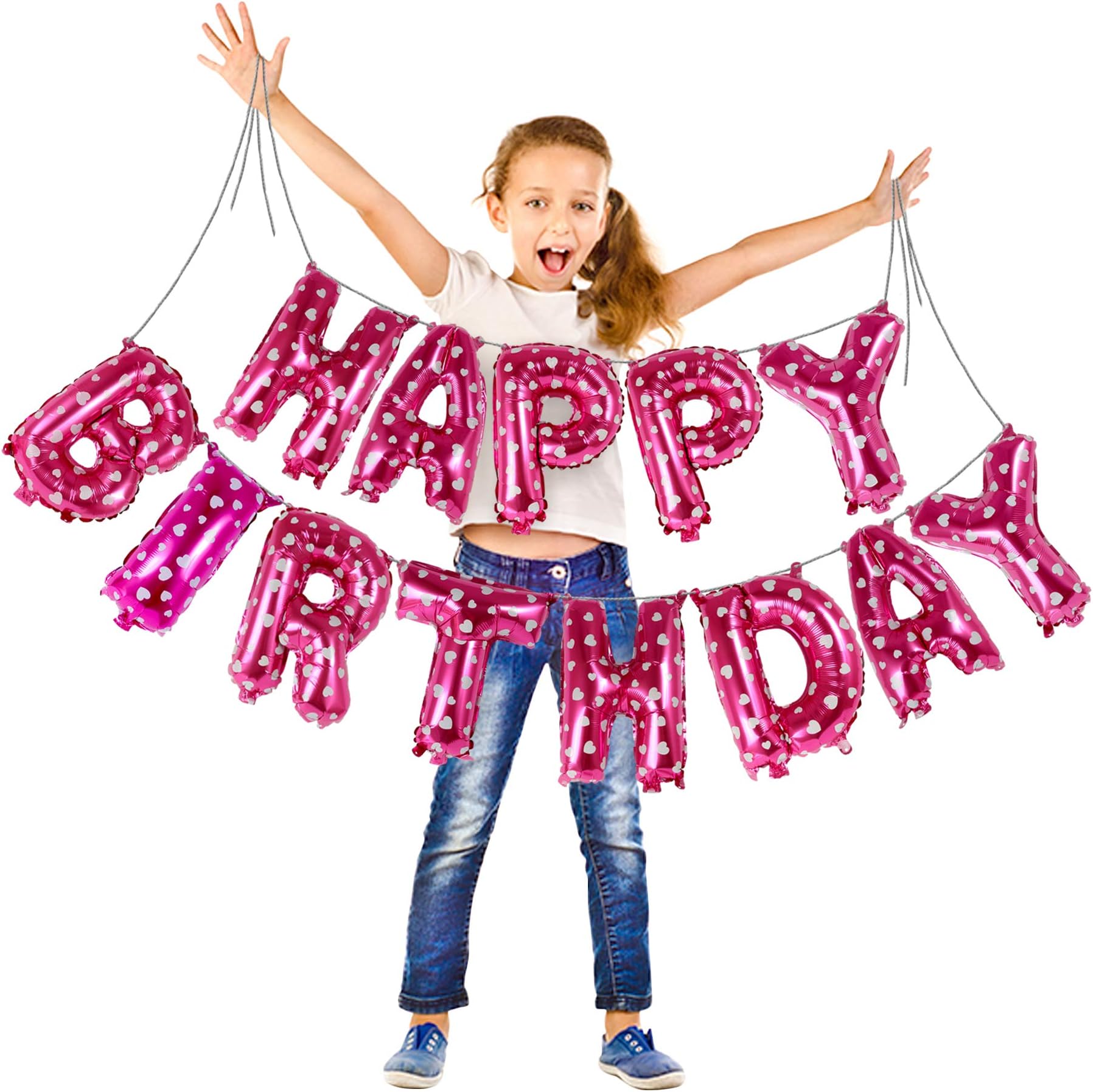Treasures Gifted Pink Hot Happy Birthday Balloon Letters - Pink Happy Birthday Balloon Banner, Pink Metallic Happy Birthday Foil Balloons - Happy Birthday Mylar Balloons, Foil Letter Balloons, 16 Inch