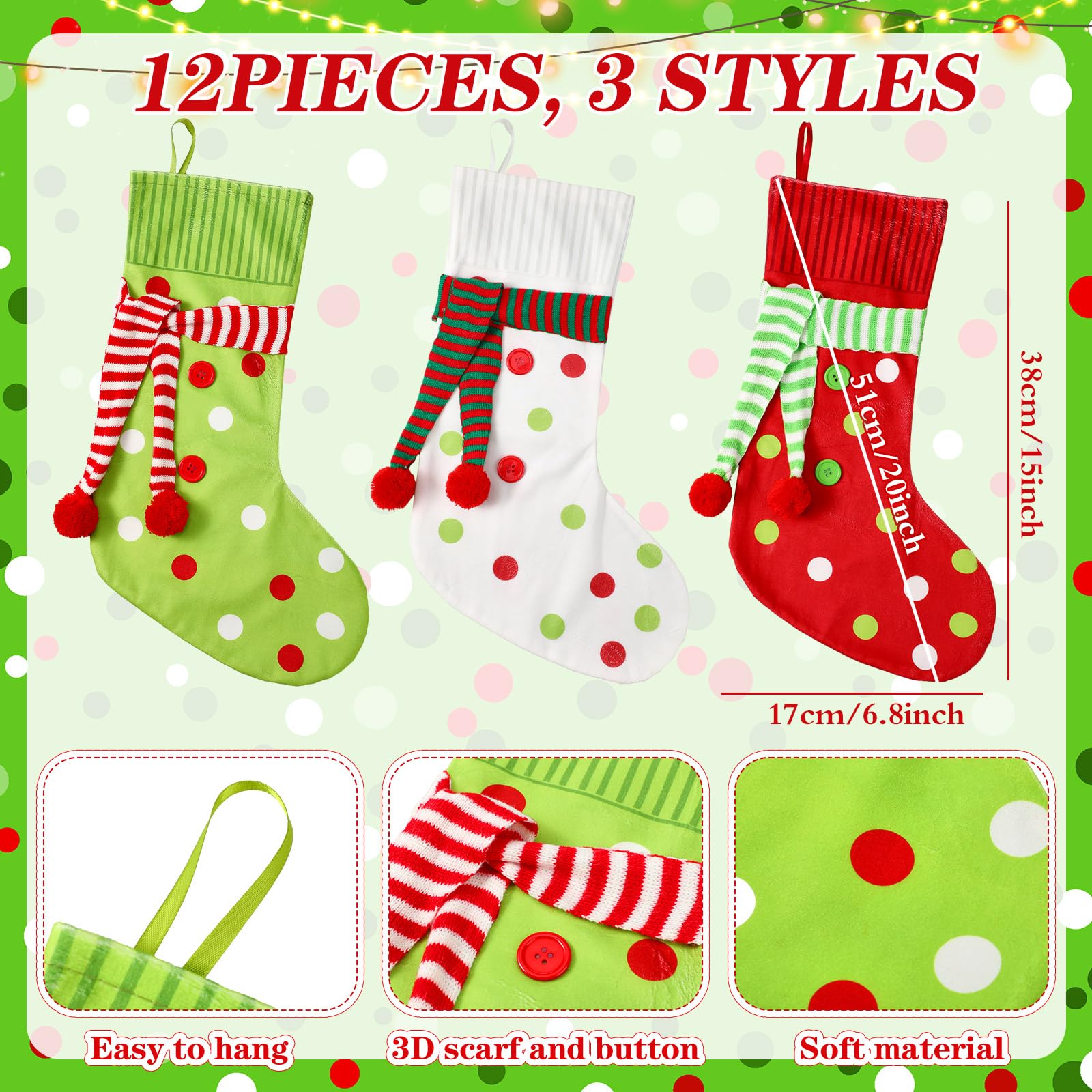 Newcotte 12 Stück 50,8 cm große Weihnachtsstrümpfe, Elfe, Weihnachtsstrümpfe, rot, grün, weiß, Weihnachtsdekoration für Urlaub, Kamin, Baumdekoration, Geschenk, Geschenk