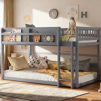 Low Bunk Bed Twin Over Twin for Kids, Wood Floor Bunk Beds with Bookshelf & Ladder, Low Profile Bunked with Full Guardrails for Kids, Juniors, Boys, Girls, Bedroom, Gray
