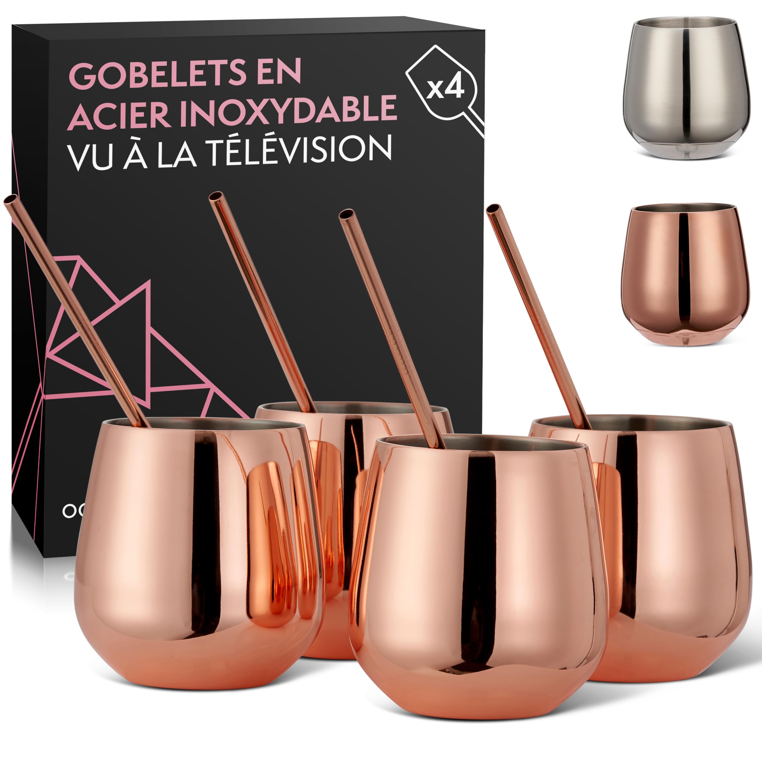 Verres à vin rose gold en coffret cadeau de Noël avec pailles et brosse