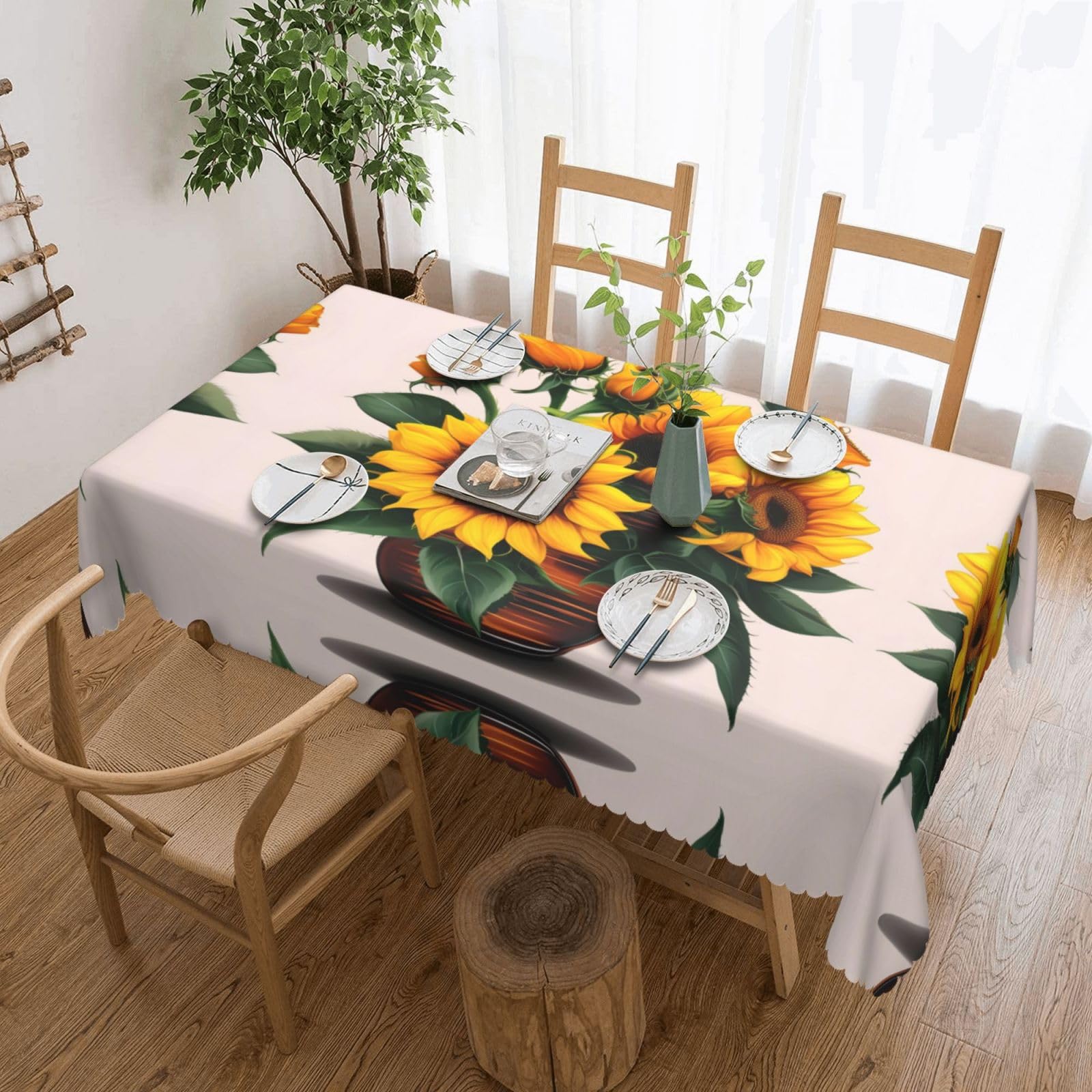 HLBSDM Sunflower and Rose Print Rectangle Washable Tablecloth Decorative Table Cover for Dining Table Buffet Parties, Black
