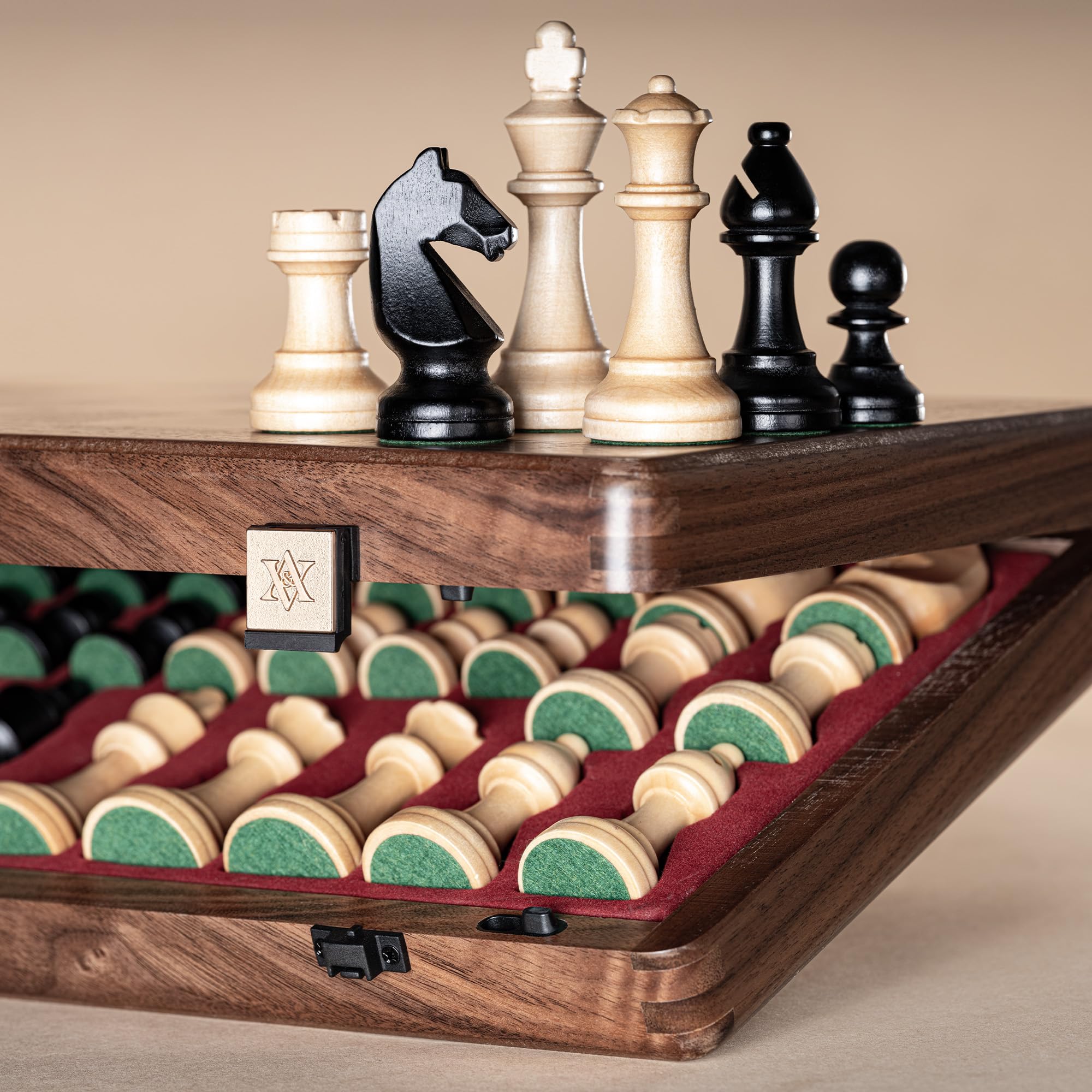 A&A 15 inch Wooden Folding Chess Set w/ 3 inch King Height Staunton Chess Pieces / 2 Extra Queens - Natural Walnut Wood