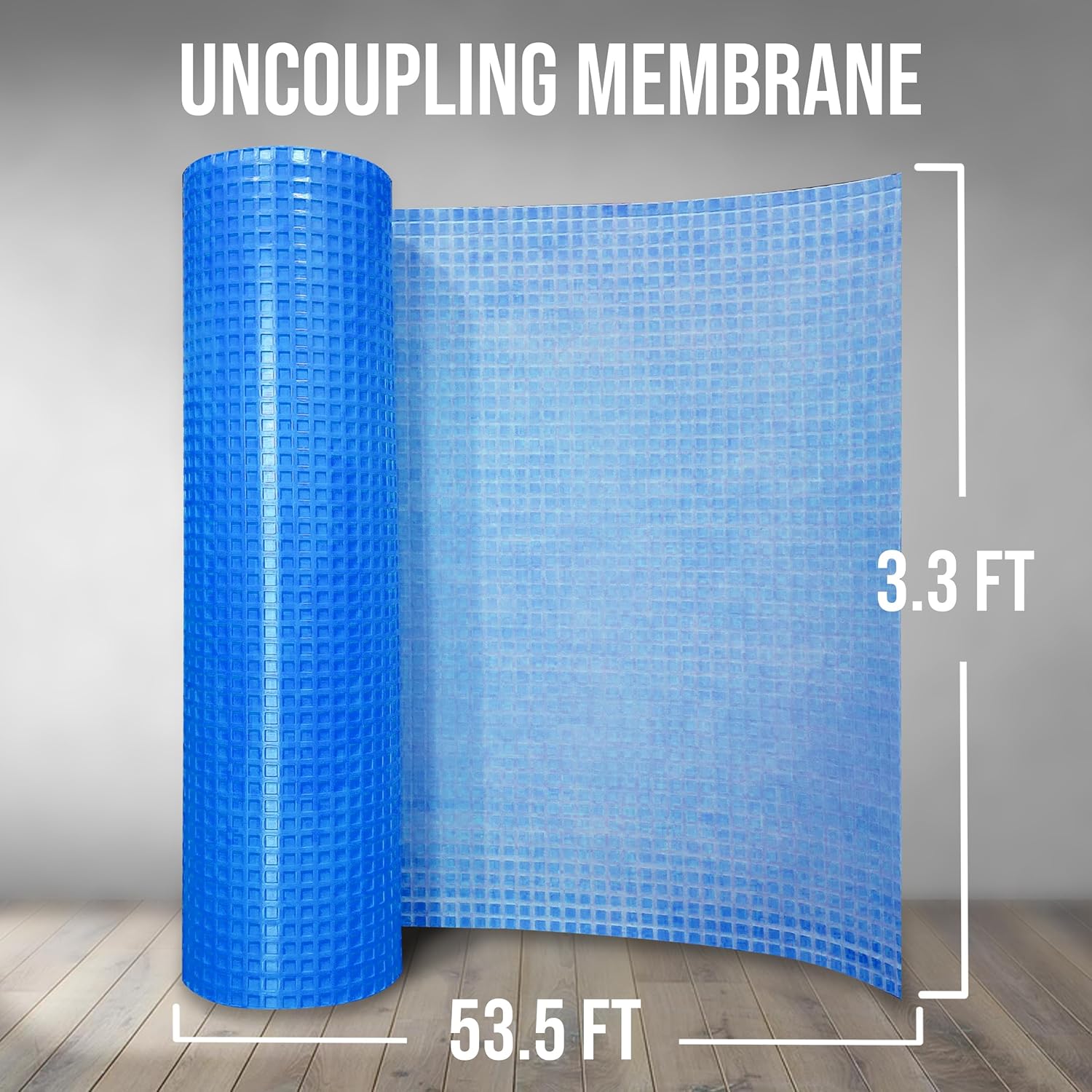 JJ CARE Uncoupling Membrane Blue 3.3 ft x 53.5 ft Roll, 177 Sq Ft Coverage, Tile Underlayment for Floors, Crack Isolation Waterproof Membrane for Ceramic, Porcelain & Stone Tile