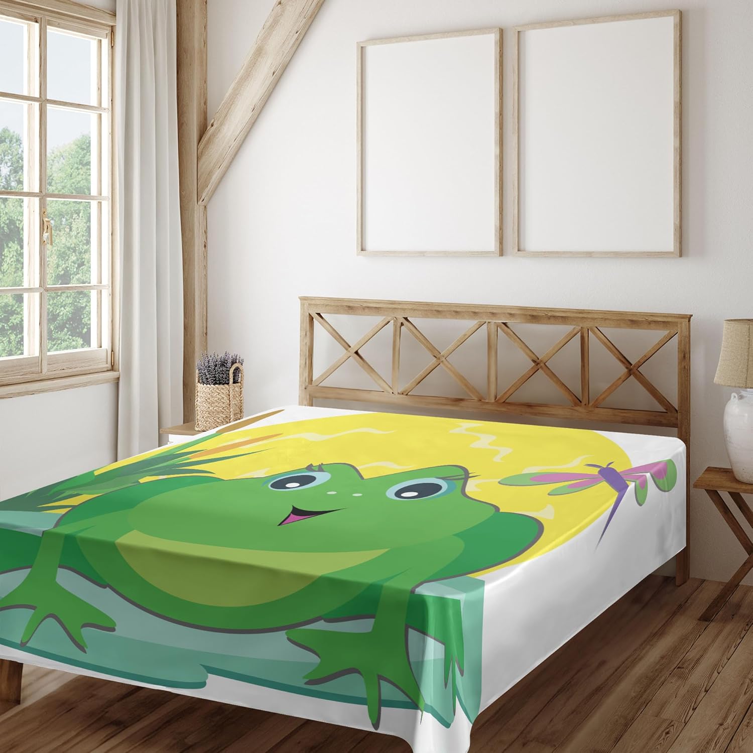 Ambesonne Frogs Flat Sheet, Cartoon Design of Animal on Water Lily Leaf and Sun, Soft and Comfortable Top Sheet Decorative Bedding 1 Piece, Full Size, Multicolor