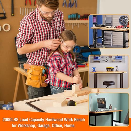 Miniatura 8 de Banco de trabajo ajustable de 60 pulgadas, mesa de taller de madera resistente con ruedas, capacidad de 2000 libras, estación de trabajo de madera