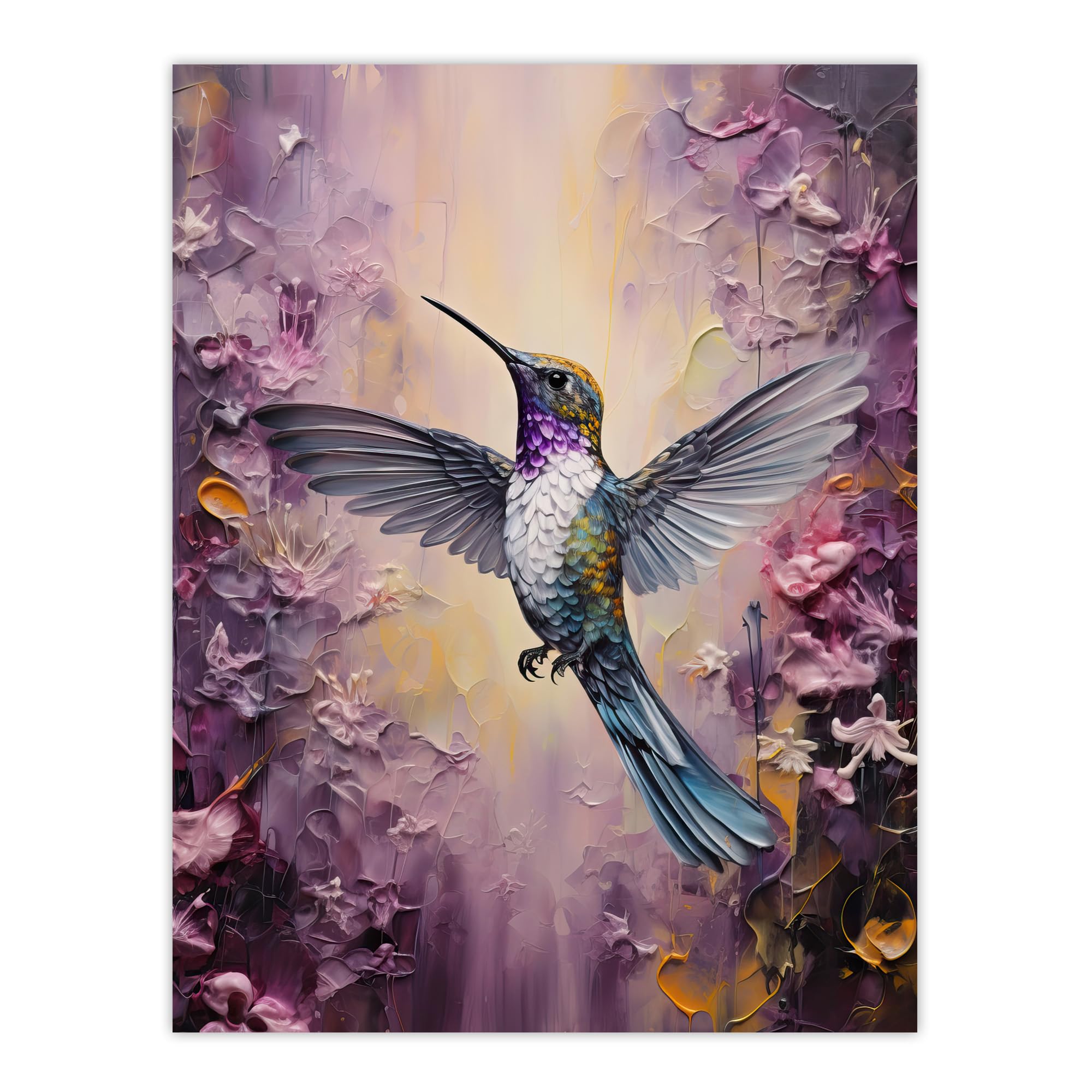 Artery8 Hummingbird In An Abstract Lavender Flower Field Bright Oil Painting Extra Large XL Wall Art Poster Print