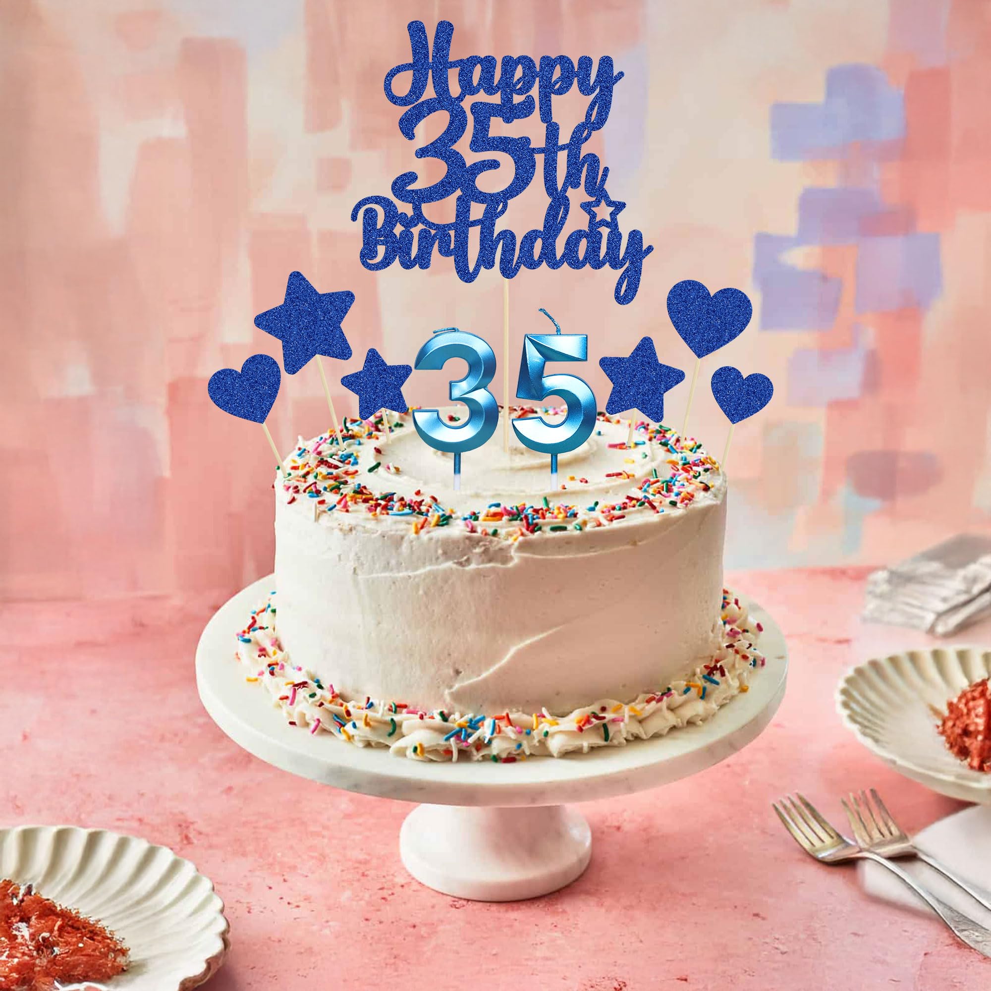 Gyufise 15Pcs Happy 35th Birthday Cake Topper Set with Heart Star Glitter Cheers to 35 Years Cake Picks Number 35 Candles Cake Decorations for Happy 35th Birthday Anniversary Party Supplies Blue - Image 4
