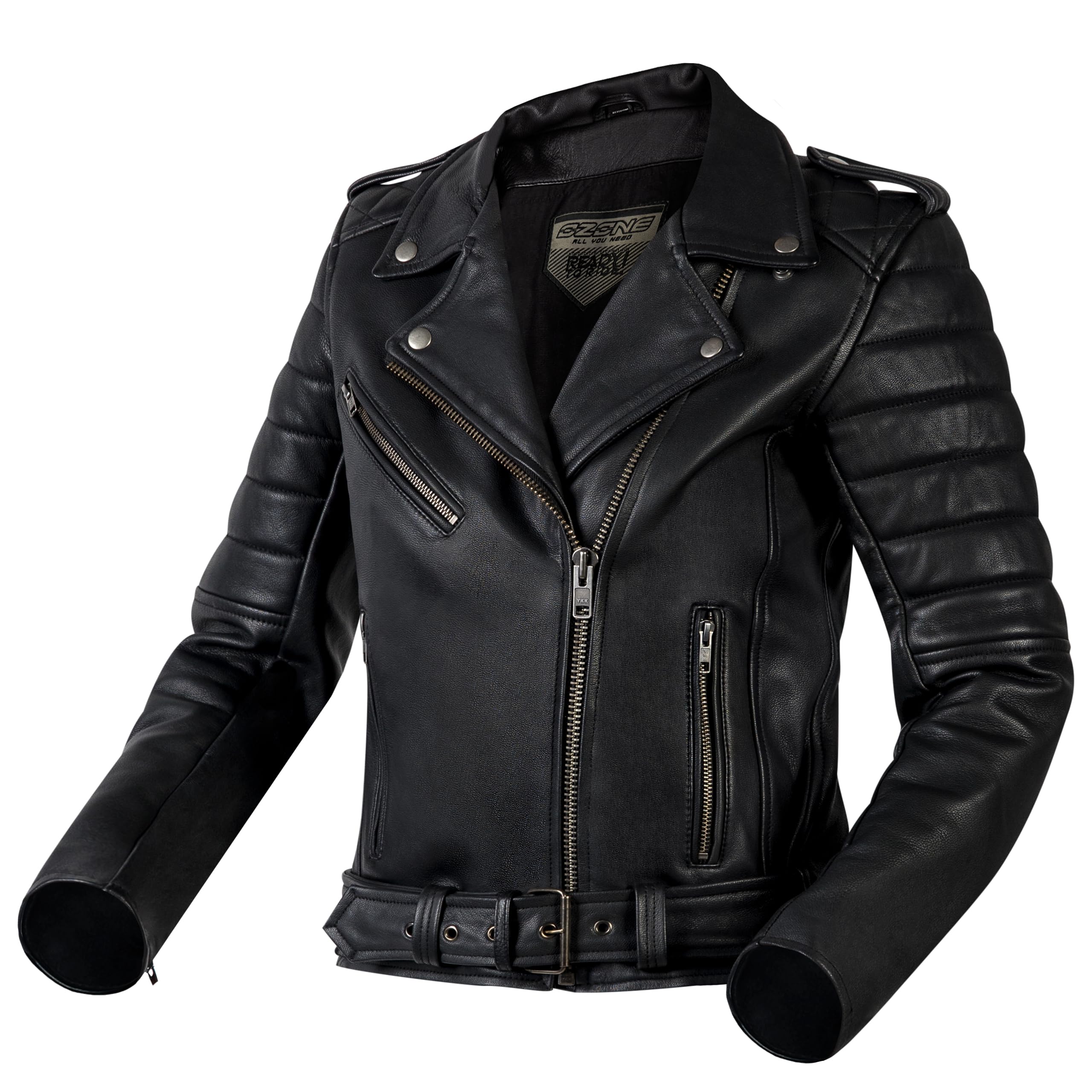 OZONE MOTO Modern Lady Motorradjacke Damen | Ziegenleder | Ellbogen und Schulterprotektoren Stufe 1 | Rückenprotektortasche | Moderner Retro Look | Größen bis 8XL