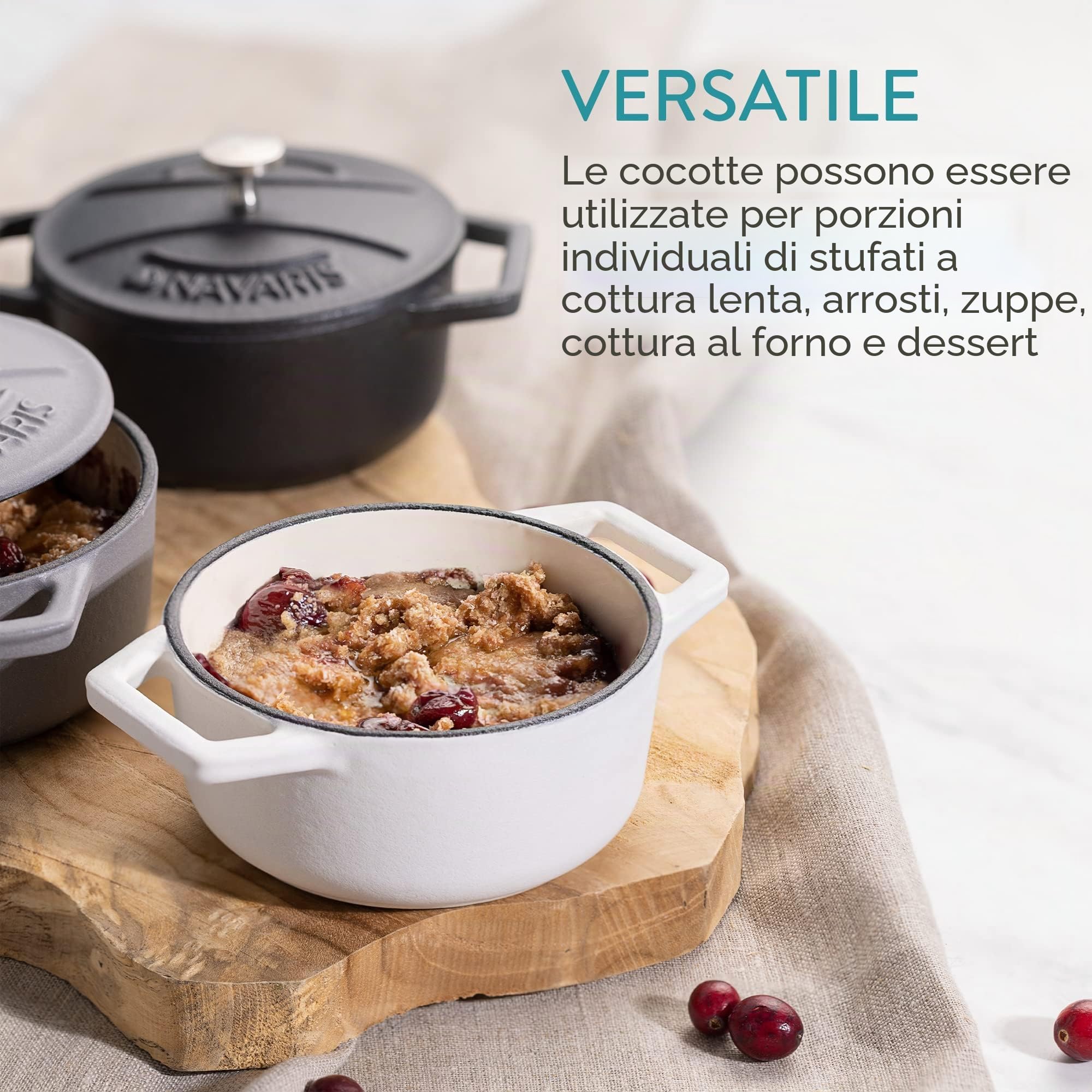 Navaris 4 Mini Cocotte Monoporzione Ghisa - Set Pirofile - Pirofila Microonde - Pentola da Forno - Ciotola con Coperchio - Cocottine - Ciotole Crema Catalana - per Zuppa di Cipolle