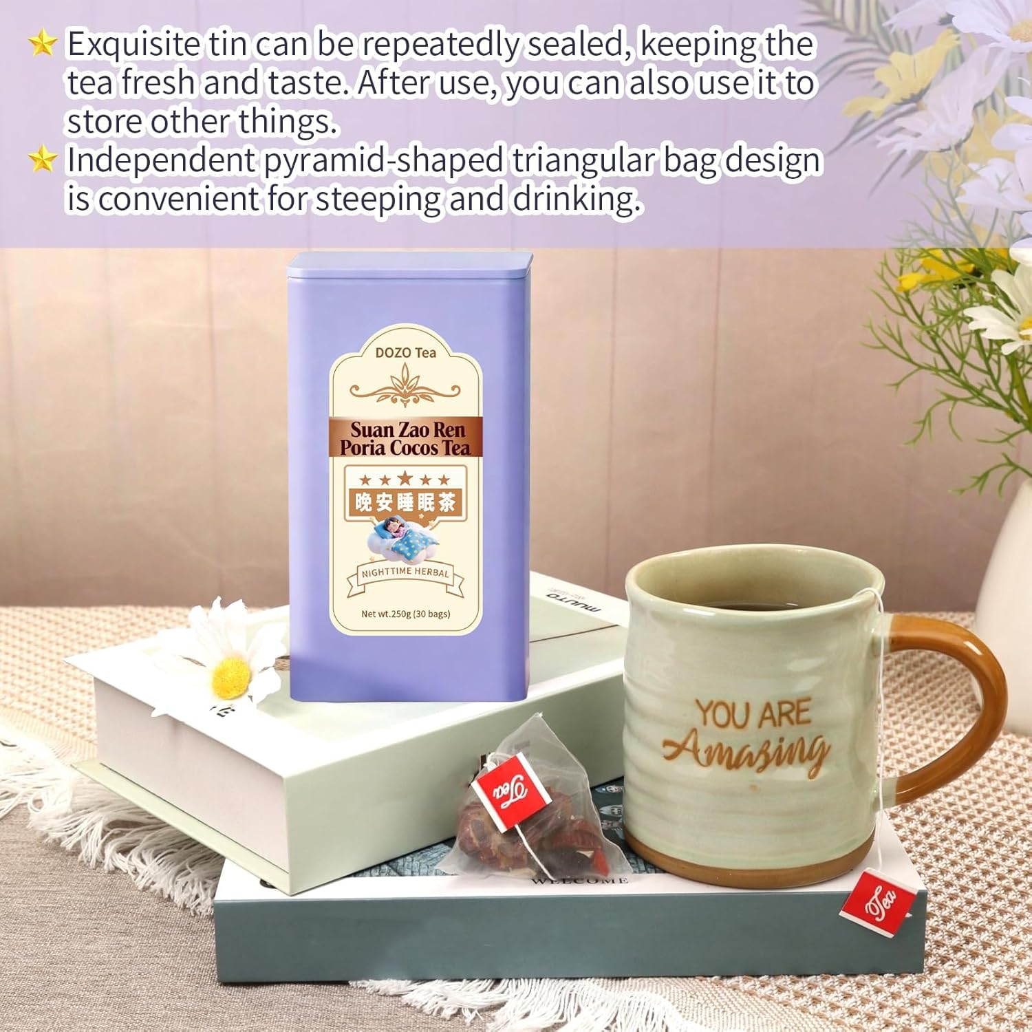 DOZO Good Night Sleep Tea Sleepytime Tea Poria Cocos Sour Jujube Kernel 8.8oz/250g(30bags) Jujube Goji Berry Gardenia Combined Herbs Soothe the Nerves & Support Sleep Wellness 酸枣仁茯苓百合 安神助眠 晚安睡眠茶 - Image 3